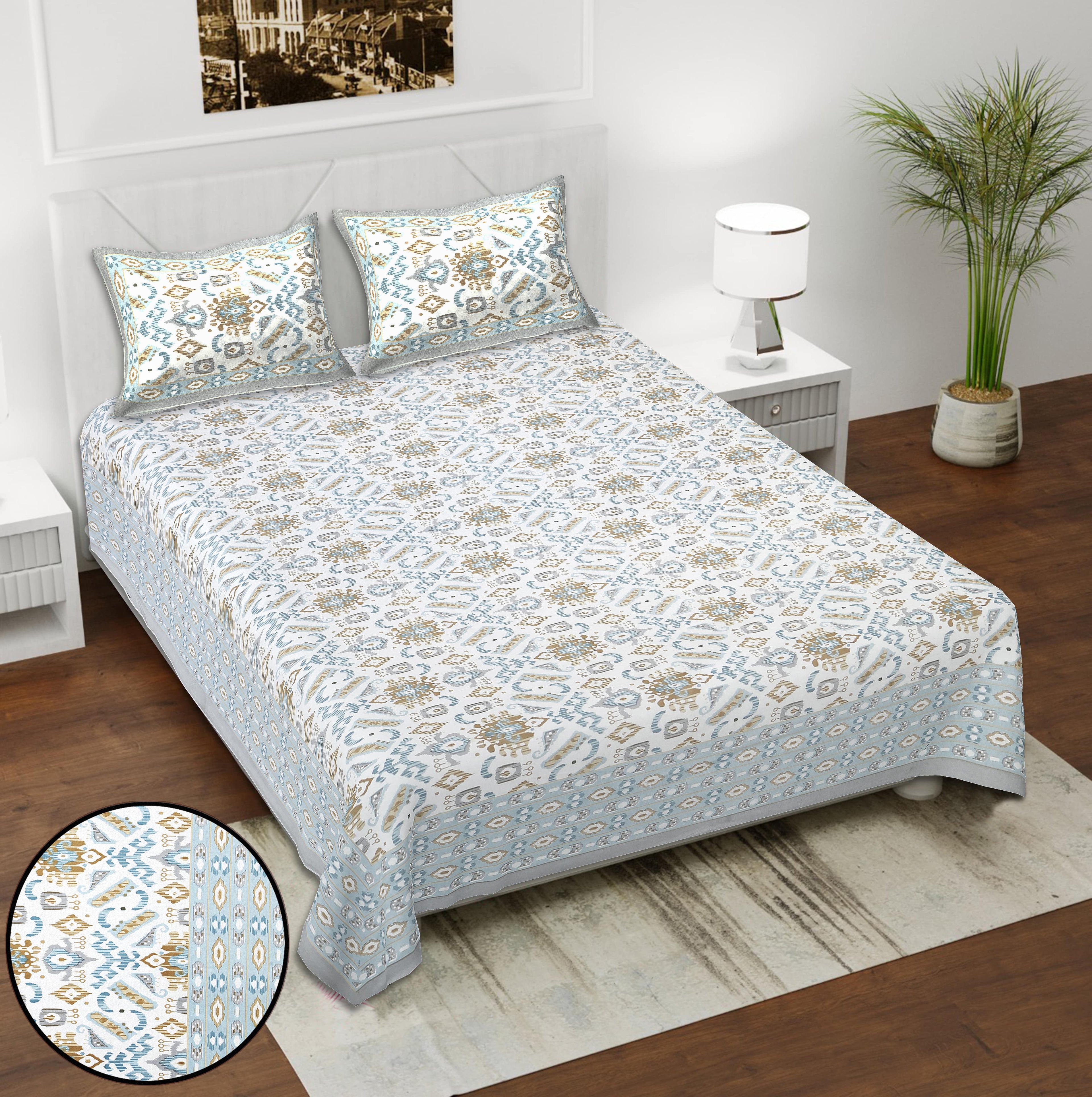 Eklavya Ikat Collection 95x108 Double Bedsheet with Geometric Ikat Patterns & Matching Pillow Covers