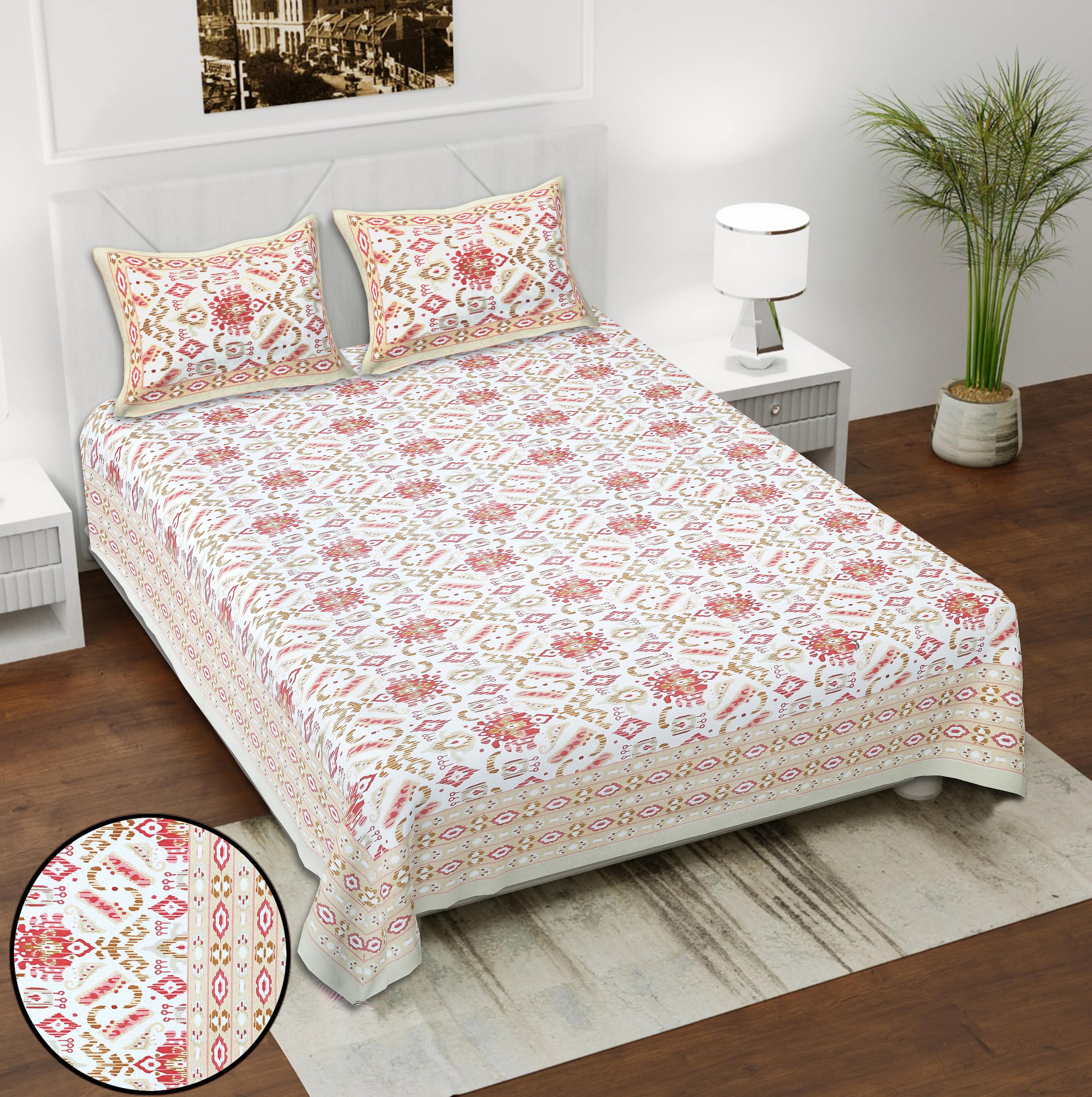 Eklavya Ikat Collection 95x108 Double Bedsheet with Geometric Ikat Patterns & Matching Pillow Covers