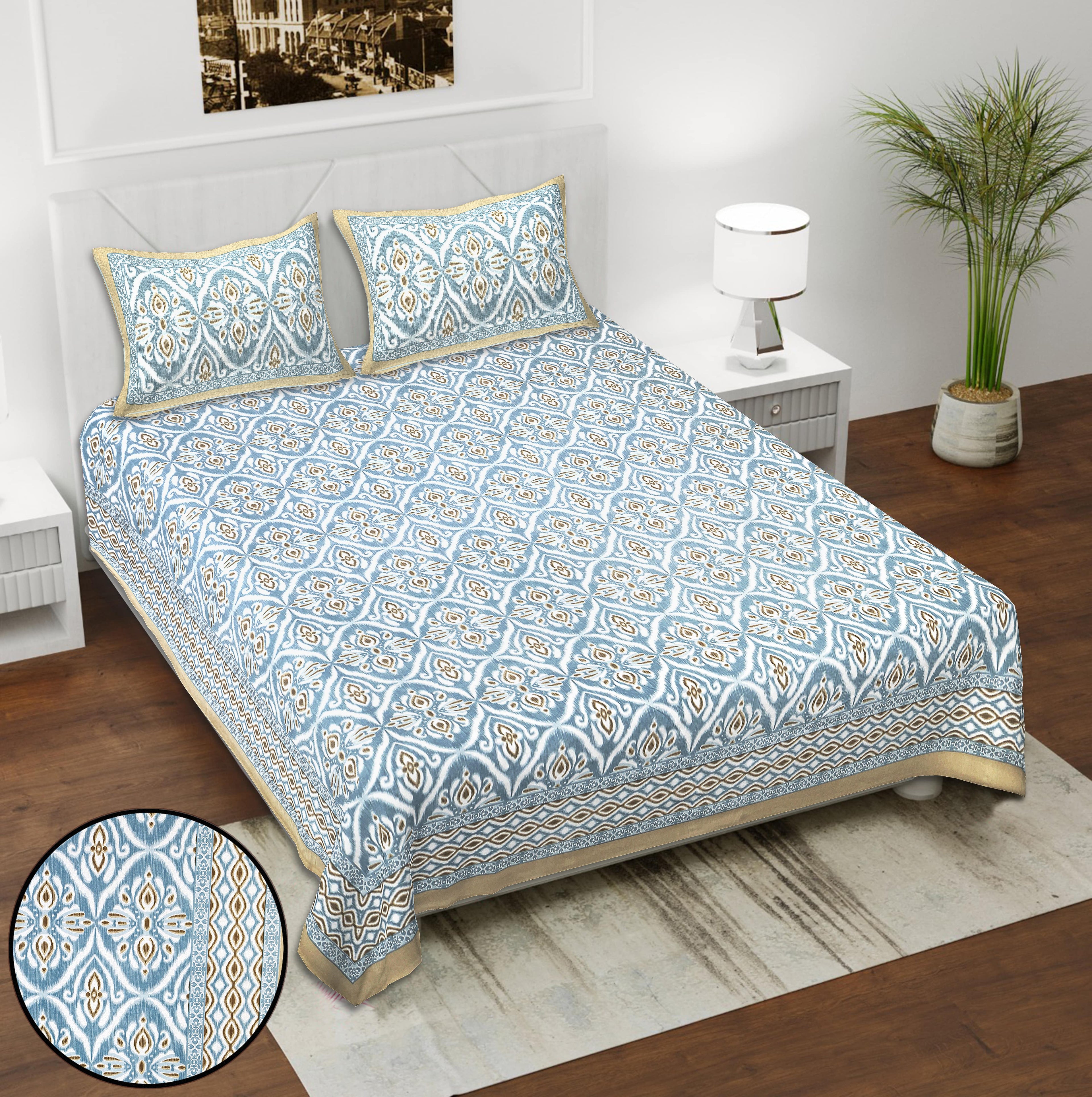 Eklavya Ikat Collection 95x108 Double Bedsheet with Classic Ikat Diamond Motifs & Matching Pillow Covers