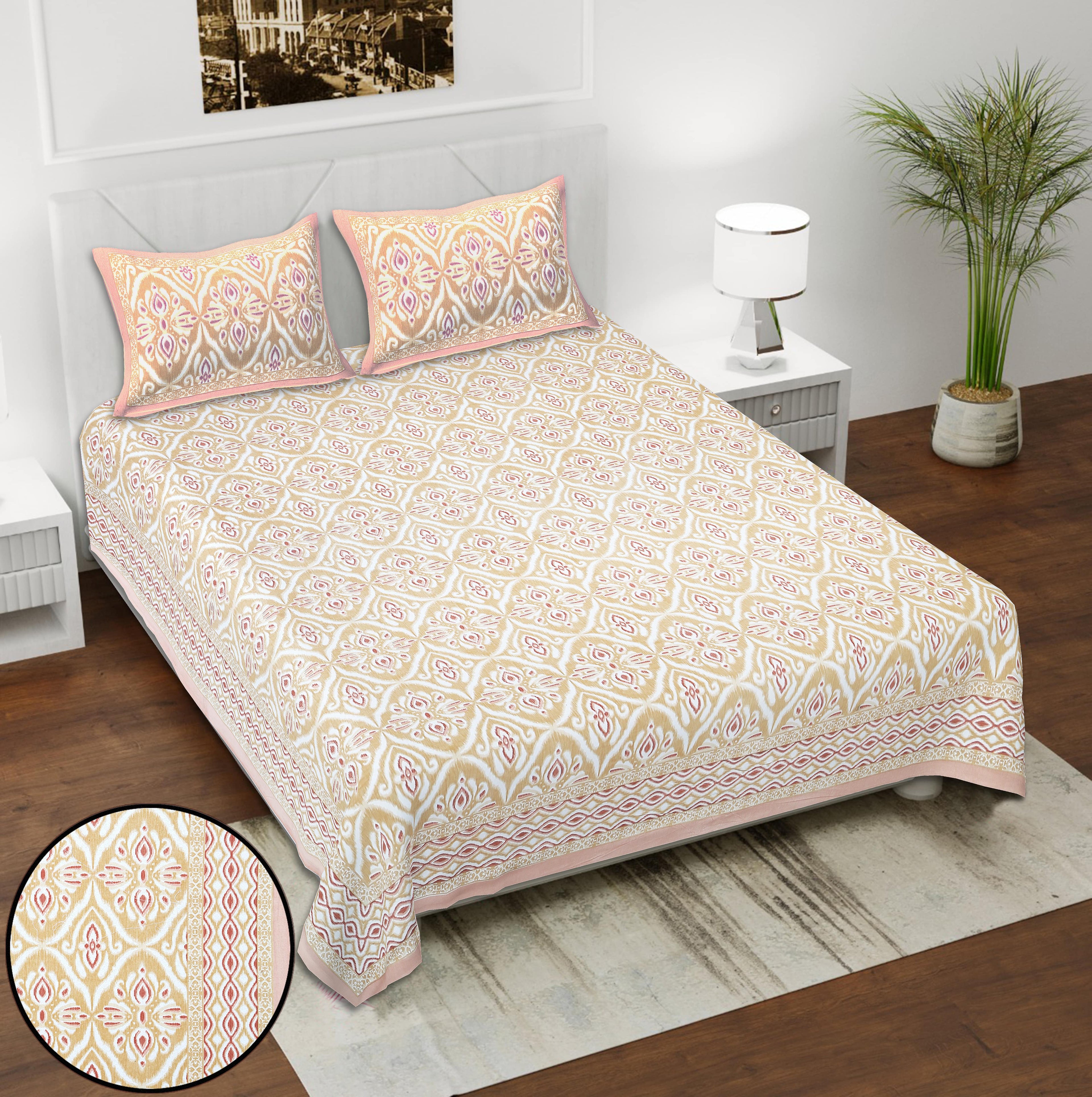 Eklavya Ikat Collection 95x108 Double Bedsheet with Classic Ikat Diamond Motifs & Matching Pillow Covers