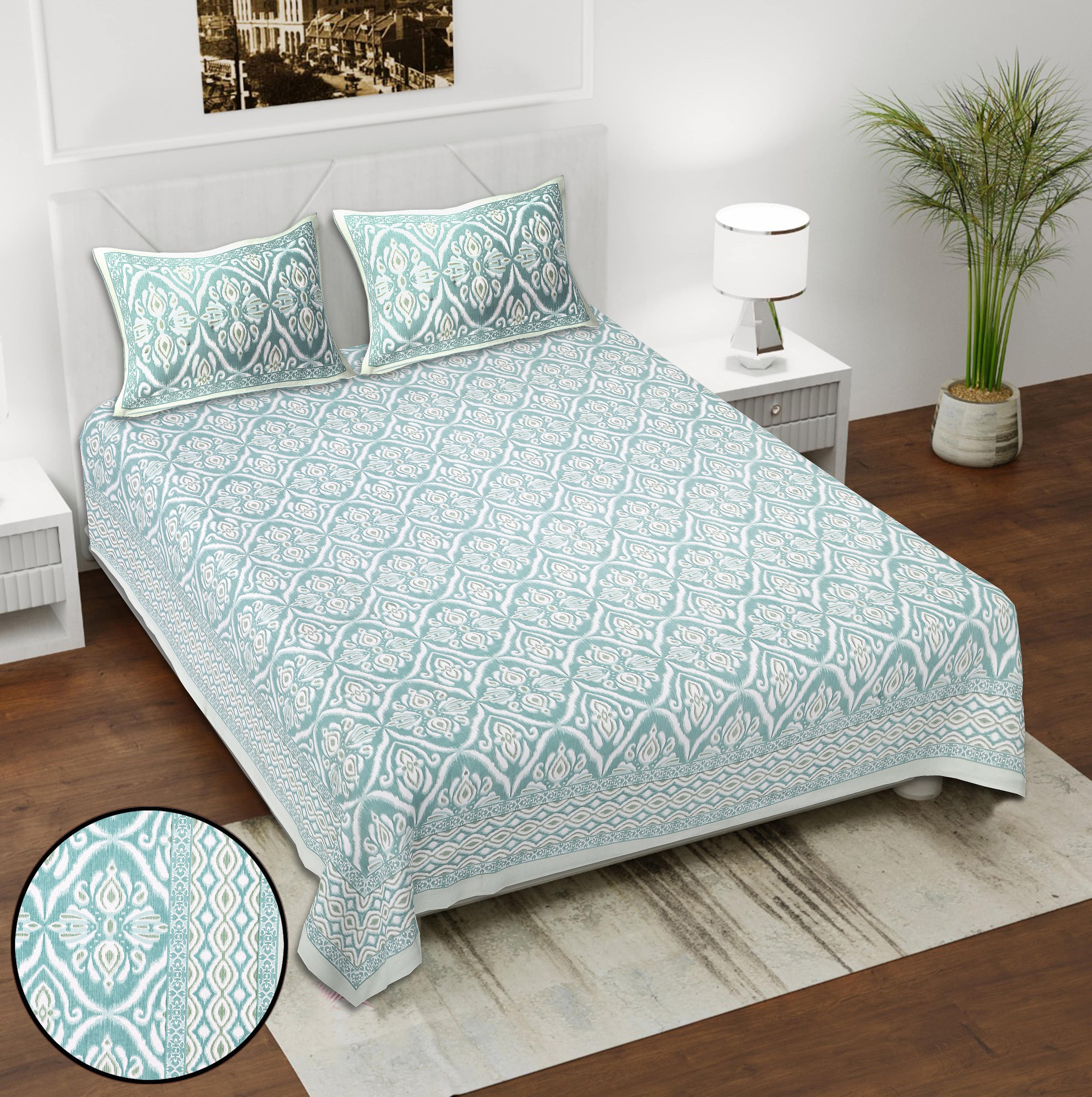 Eklavya Ikat Collection 95x108 Double Bedsheet with Classic Ikat Diamond Motifs & Matching Pillow Covers