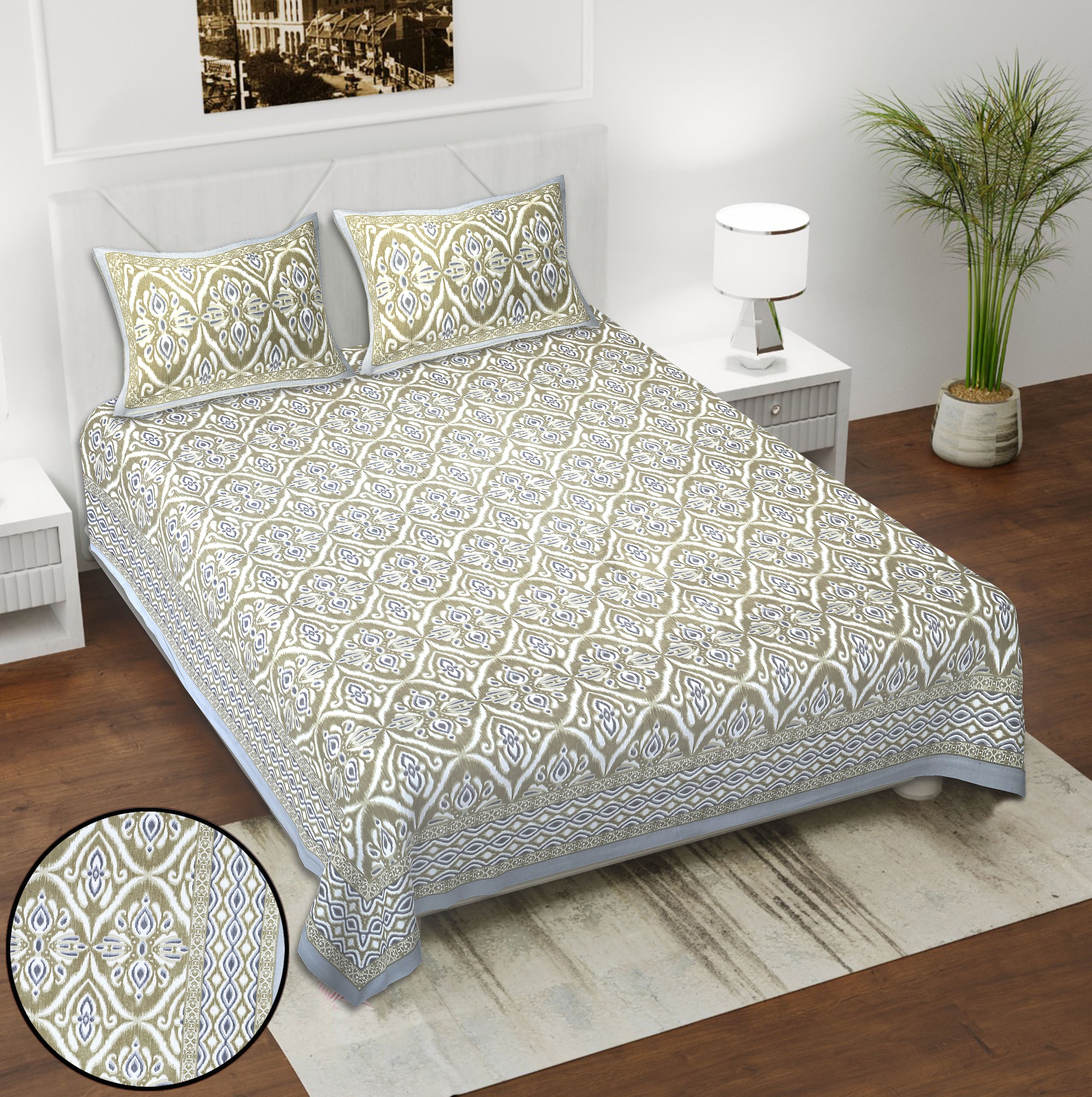 Eklavya Ikat Collection 95x108 Double Bedsheet with Classic Ikat Diamond Motifs & Matching Pillow Covers