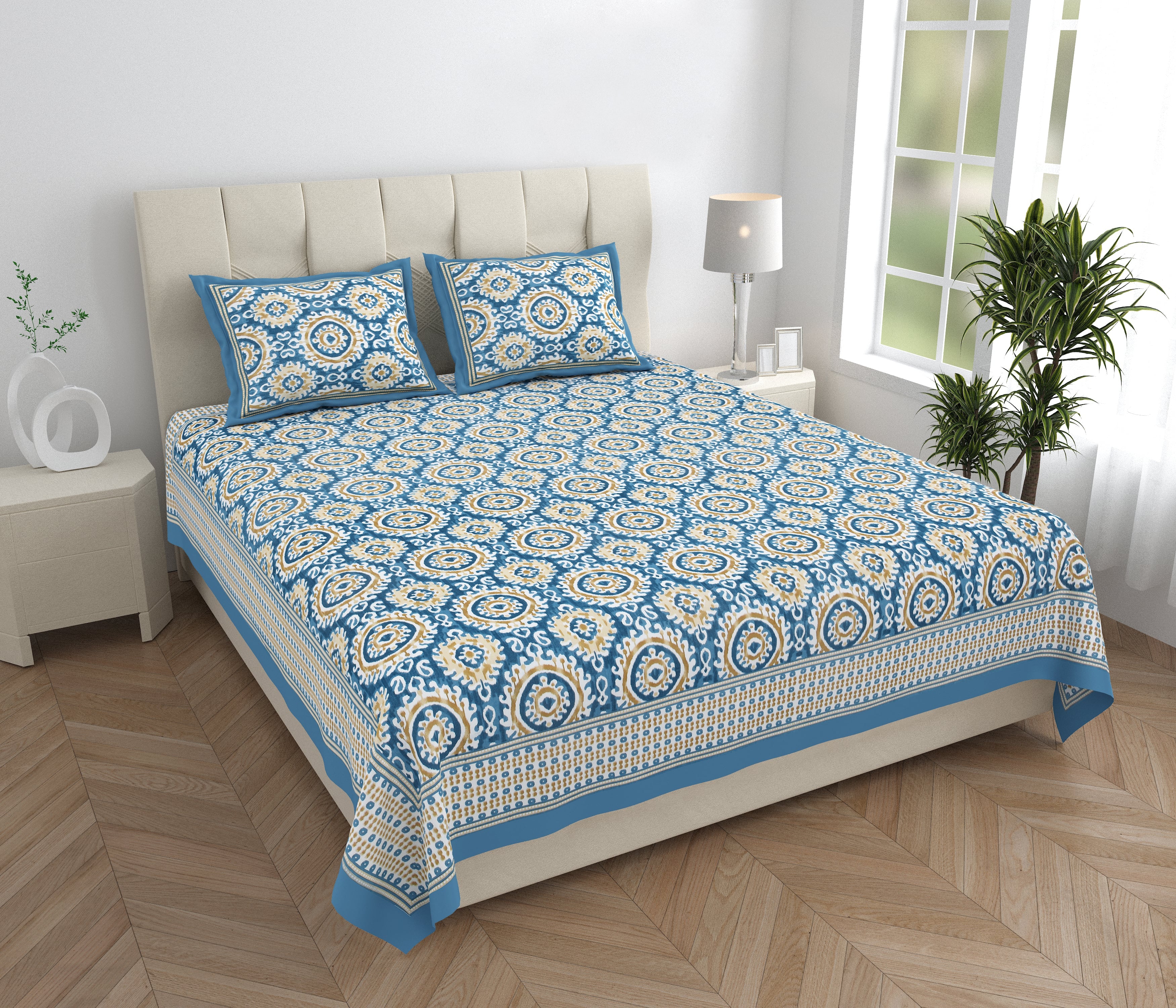 Eklavya Ikat Collection 95x108 Double Bedsheet with Traditional Circular Ikat Motifs & Matching Pillow Covers