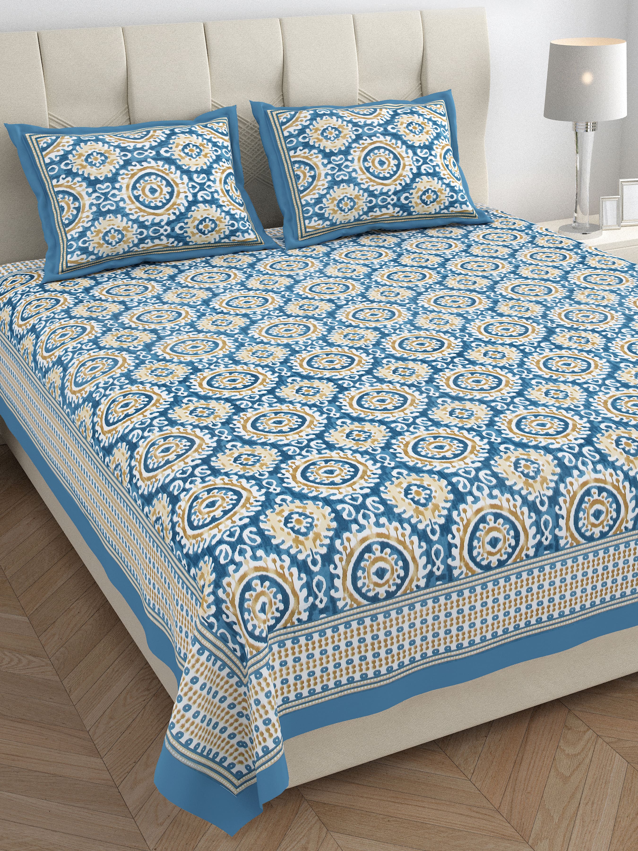 Eklavya Ikat Collection 95x108 Double Bedsheet with Traditional Circular Ikat Motifs & Matching Pillow Covers