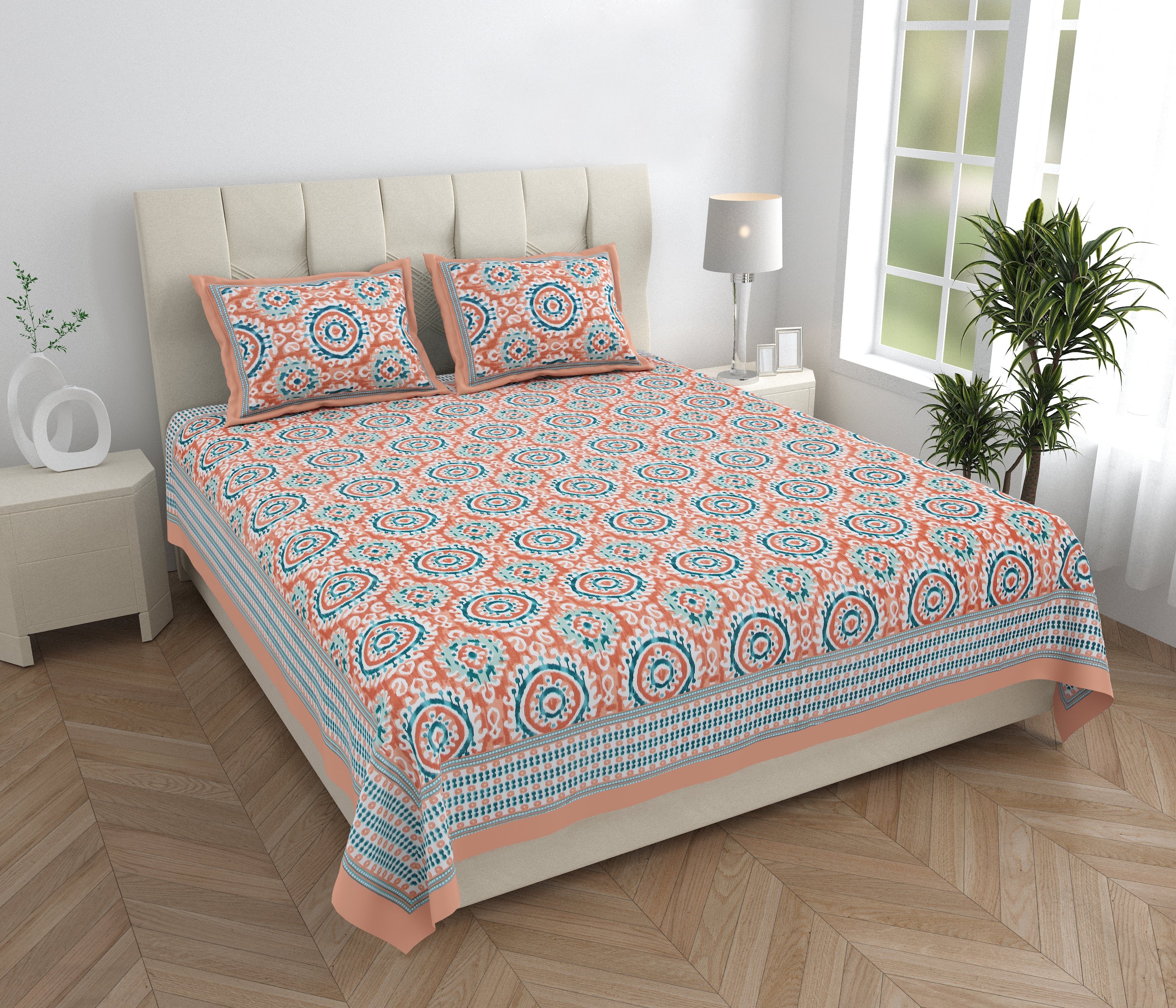 Eklavya Ikat Collection 95x108 Double Bedsheet with Traditional Circular Ikat Motifs & Matching Pillow Covers