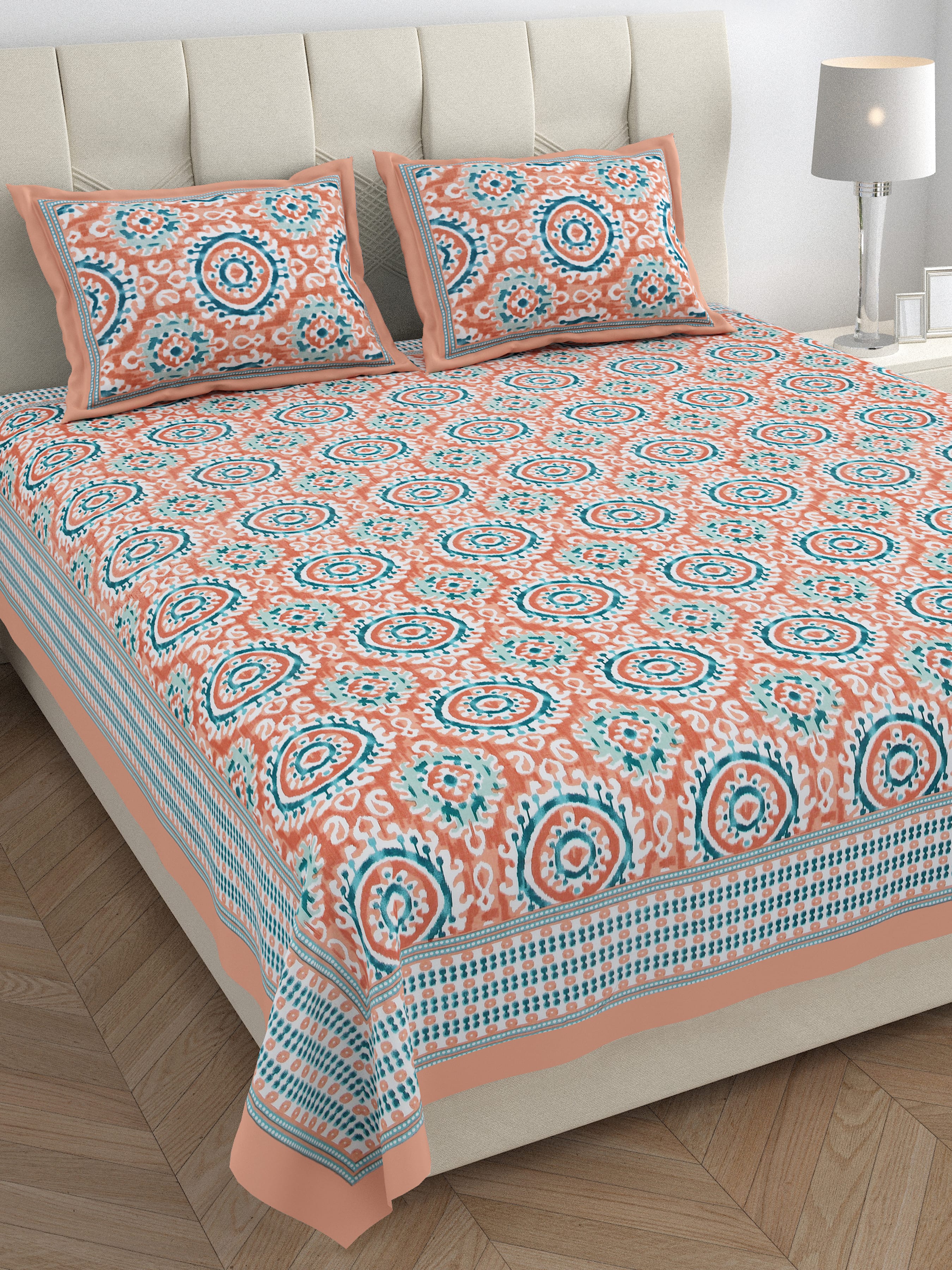 Eklavya Ikat Collection 95x108 Double Bedsheet with Traditional Circular Ikat Motifs & Matching Pillow Covers