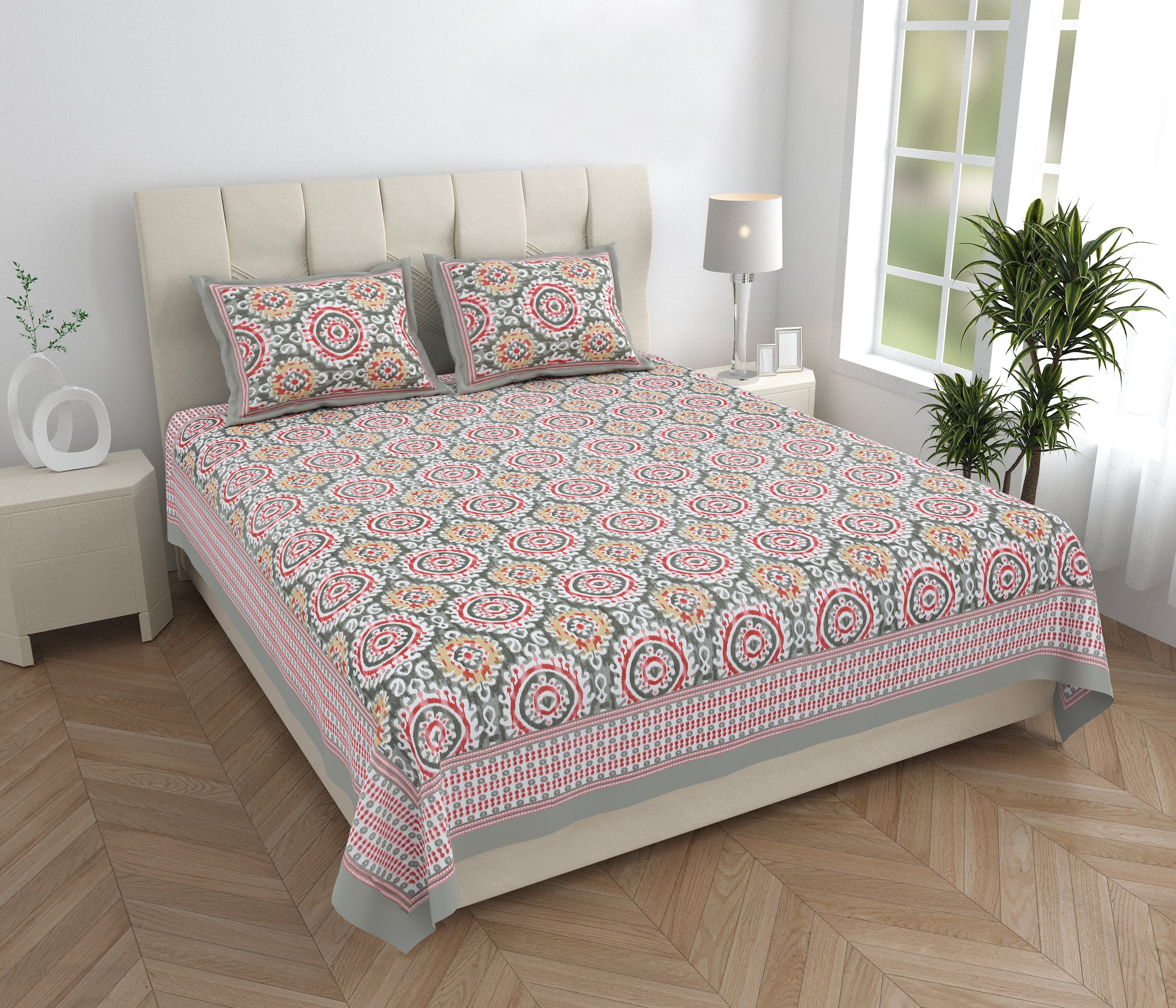 Eklavya Ikat Collection 95x108 Double Bedsheet with Traditional Circular Ikat Motifs & Matching Pillow Covers