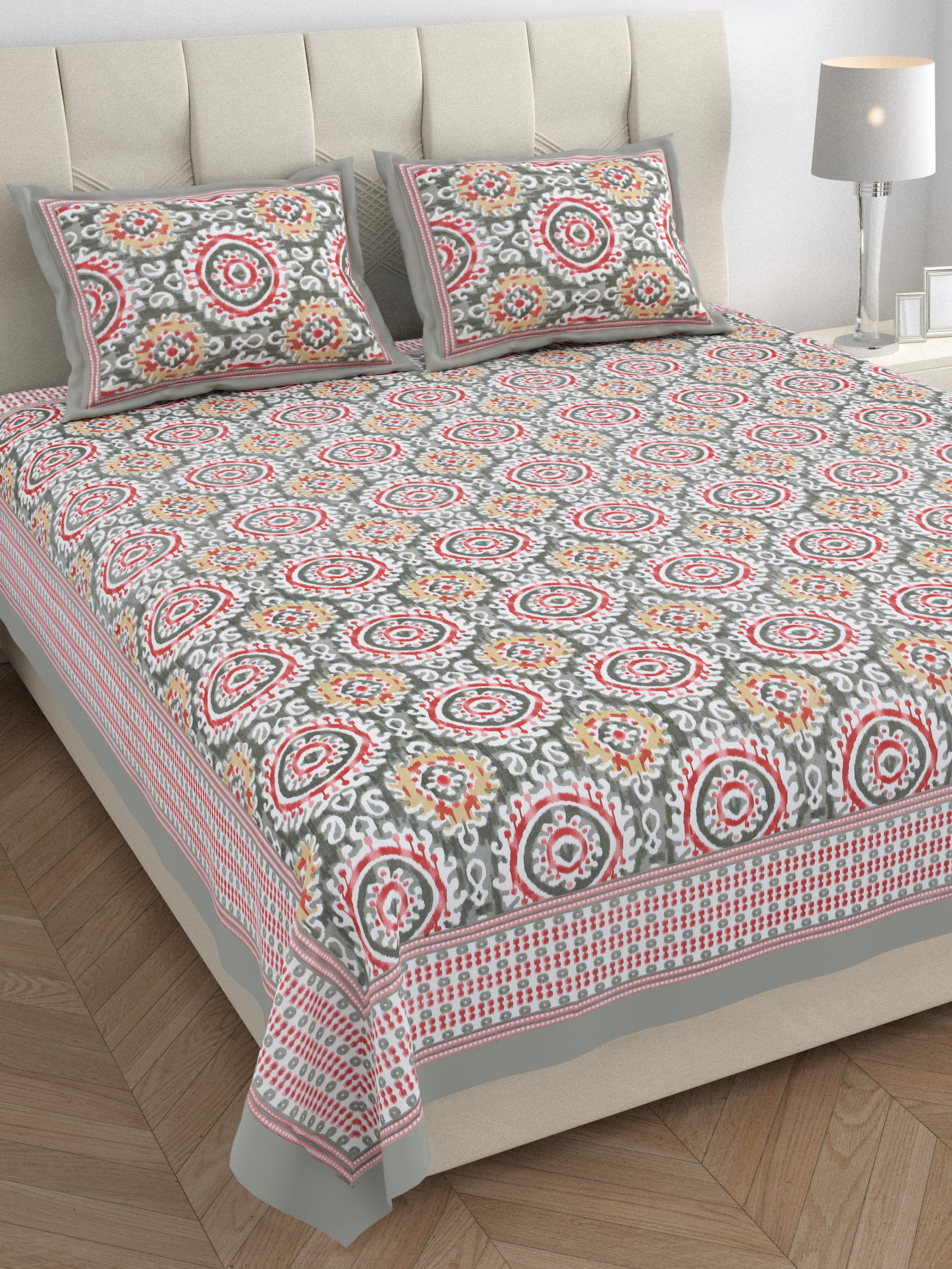 Eklavya Ikat Collection 95x108 Double Bedsheet with Traditional Circular Ikat Motifs & Matching Pillow Covers
