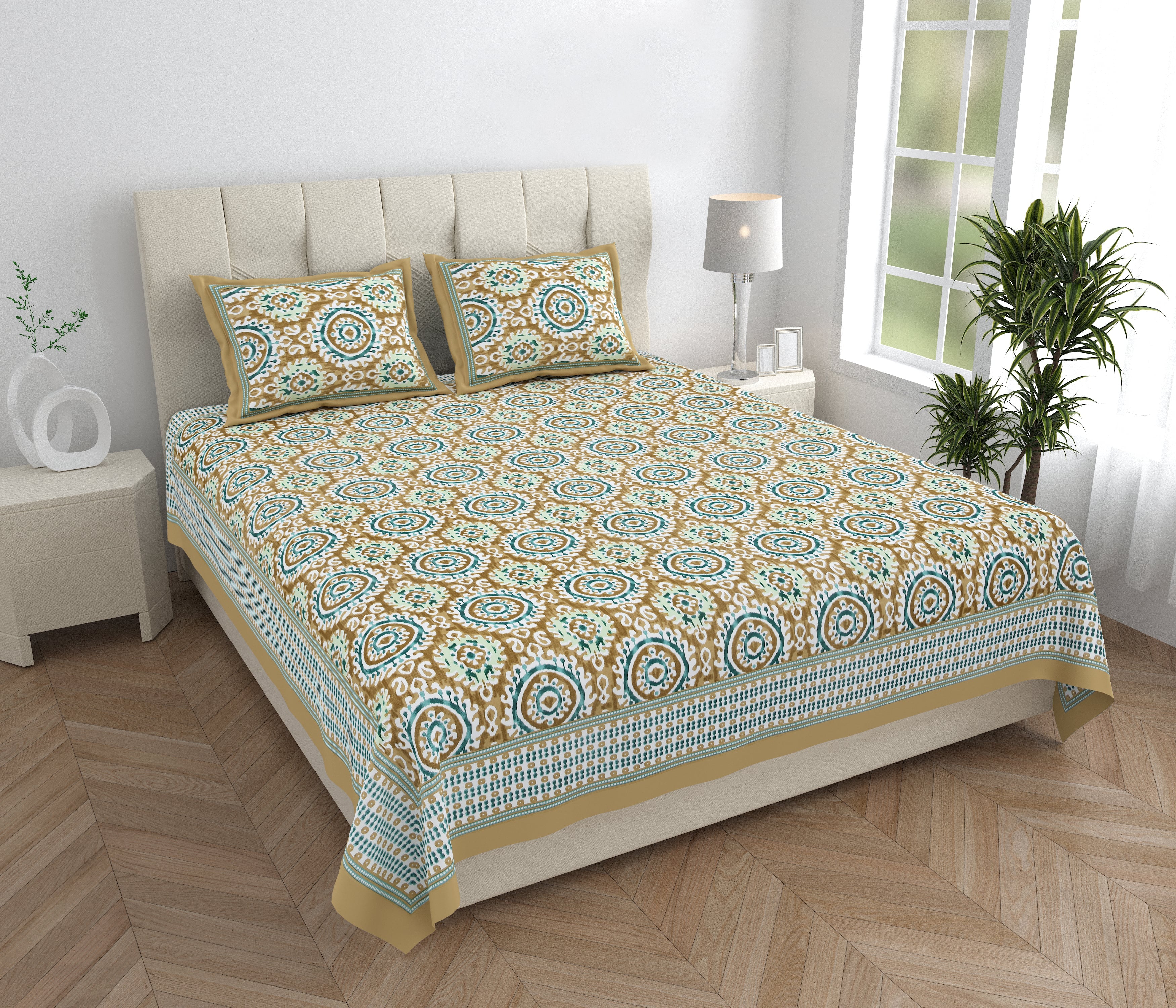 Eklavya Ikat Collection 95x108 Double Bedsheet with Traditional Circular Ikat Motifs & Matching Pillow Covers