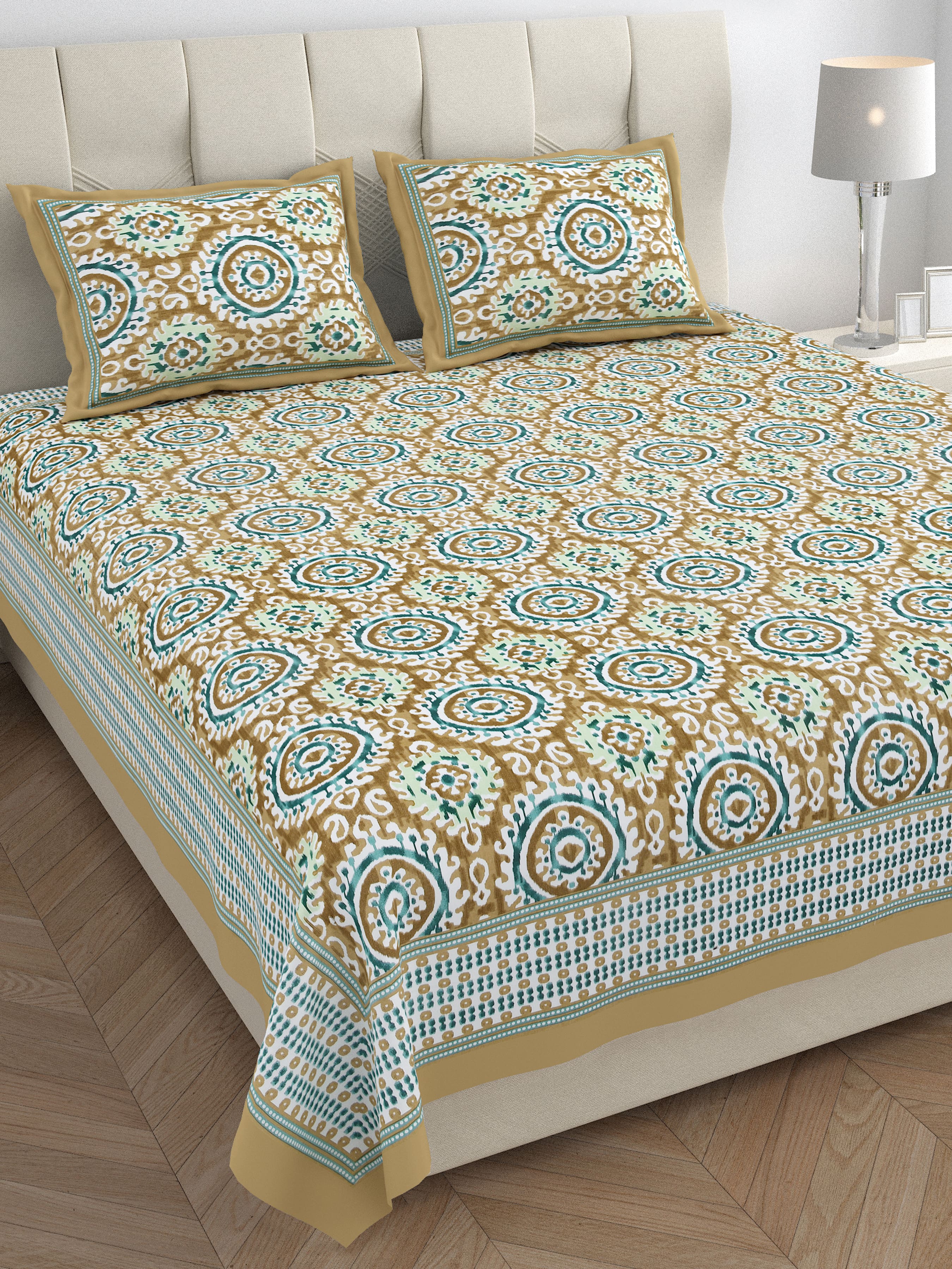 Eklavya Ikat Collection 95x108 Double Bedsheet with Traditional Circular Ikat Motifs & Matching Pillow Covers