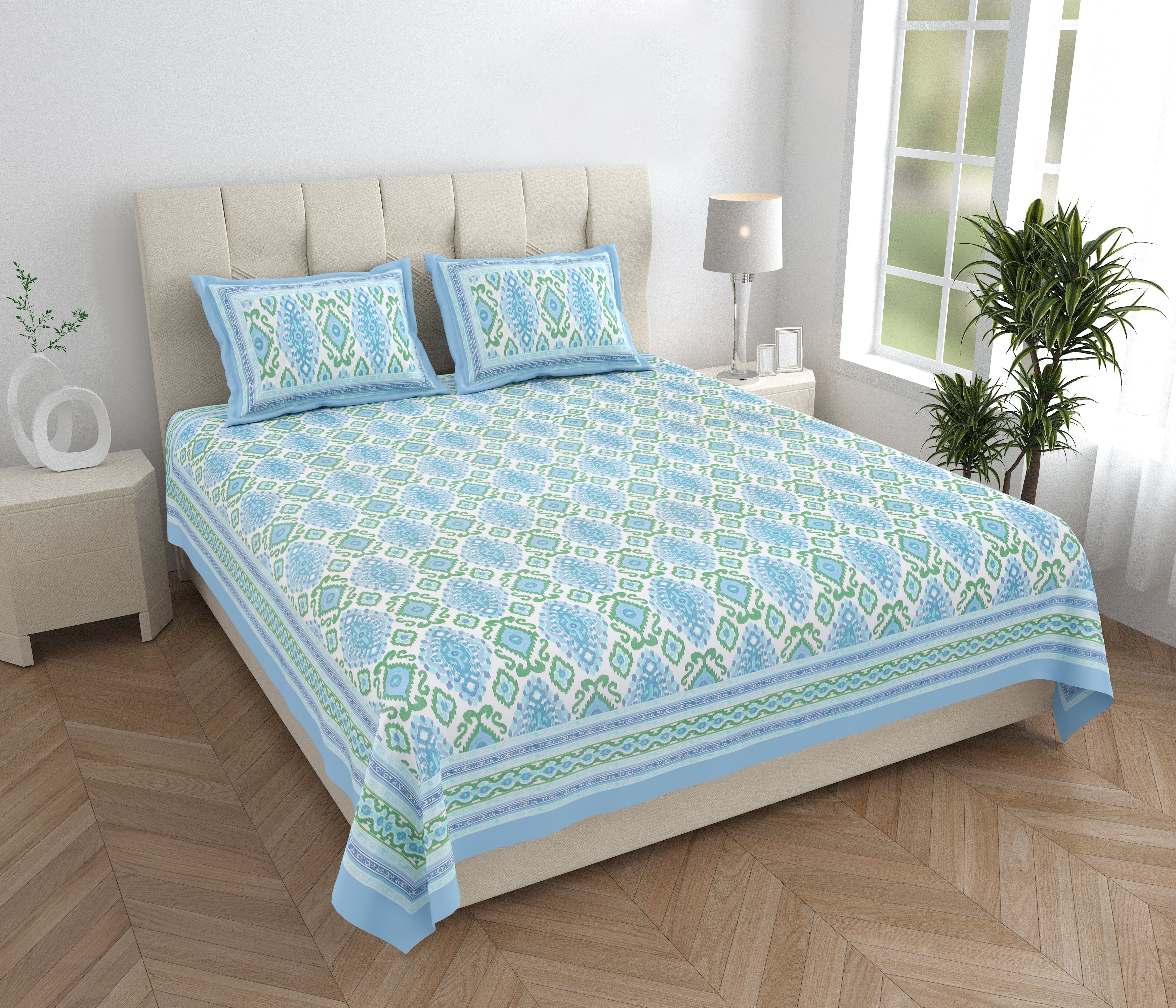 Eklavya Ikat Collection 95x108 Double Bedsheet with Heritage Paisley Ikat Motifs & Matching Pillow Covers