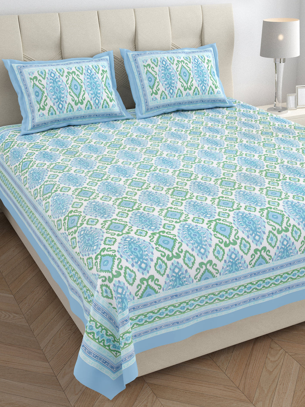 Eklavya Ikat Collection 95x108 Double Bedsheet with Heritage Paisley Ikat Motifs & Matching Pillow Covers