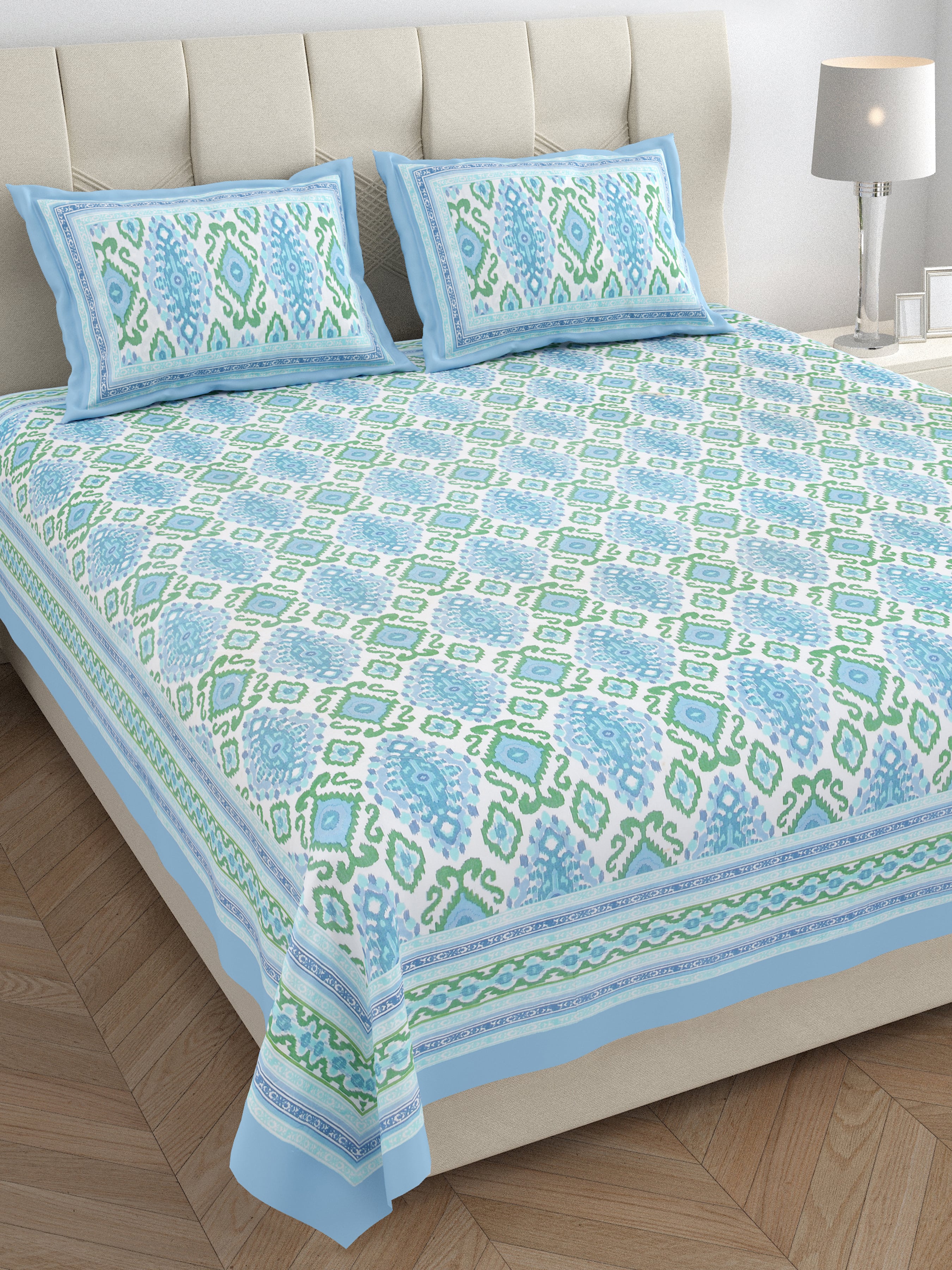 Eklavya Ikat Collection 95x108 Double Bedsheet with Heritage Paisley Ikat Motifs & Matching Pillow Covers
