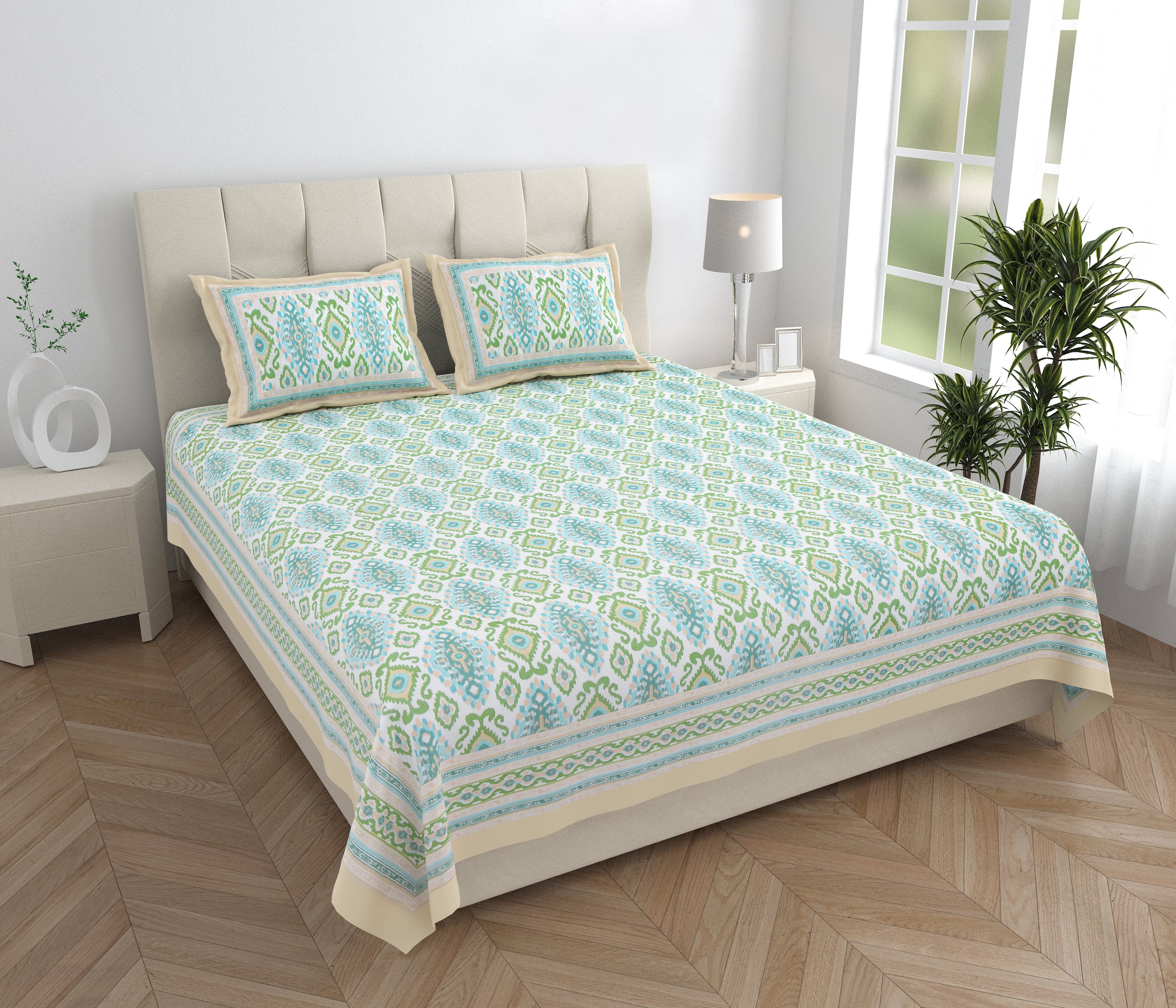 Eklavya Ikat Collection 95x108 Double Bedsheet with Heritage Paisley Ikat Motifs & Matching Pillow Covers