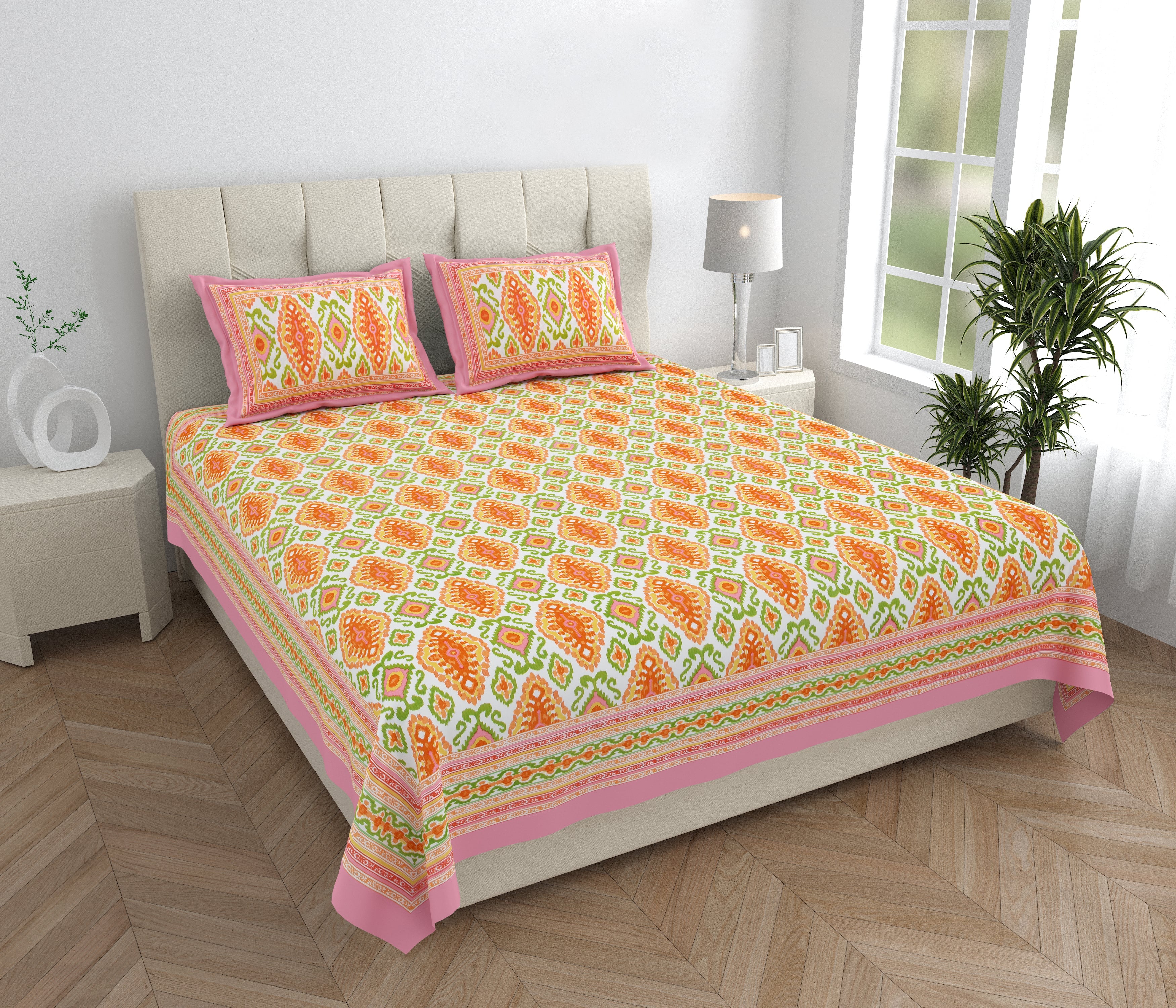 Eklavya Ikat Collection 95x108 Double Bedsheet with Heritage Paisley Ikat Motifs & Matching Pillow Covers