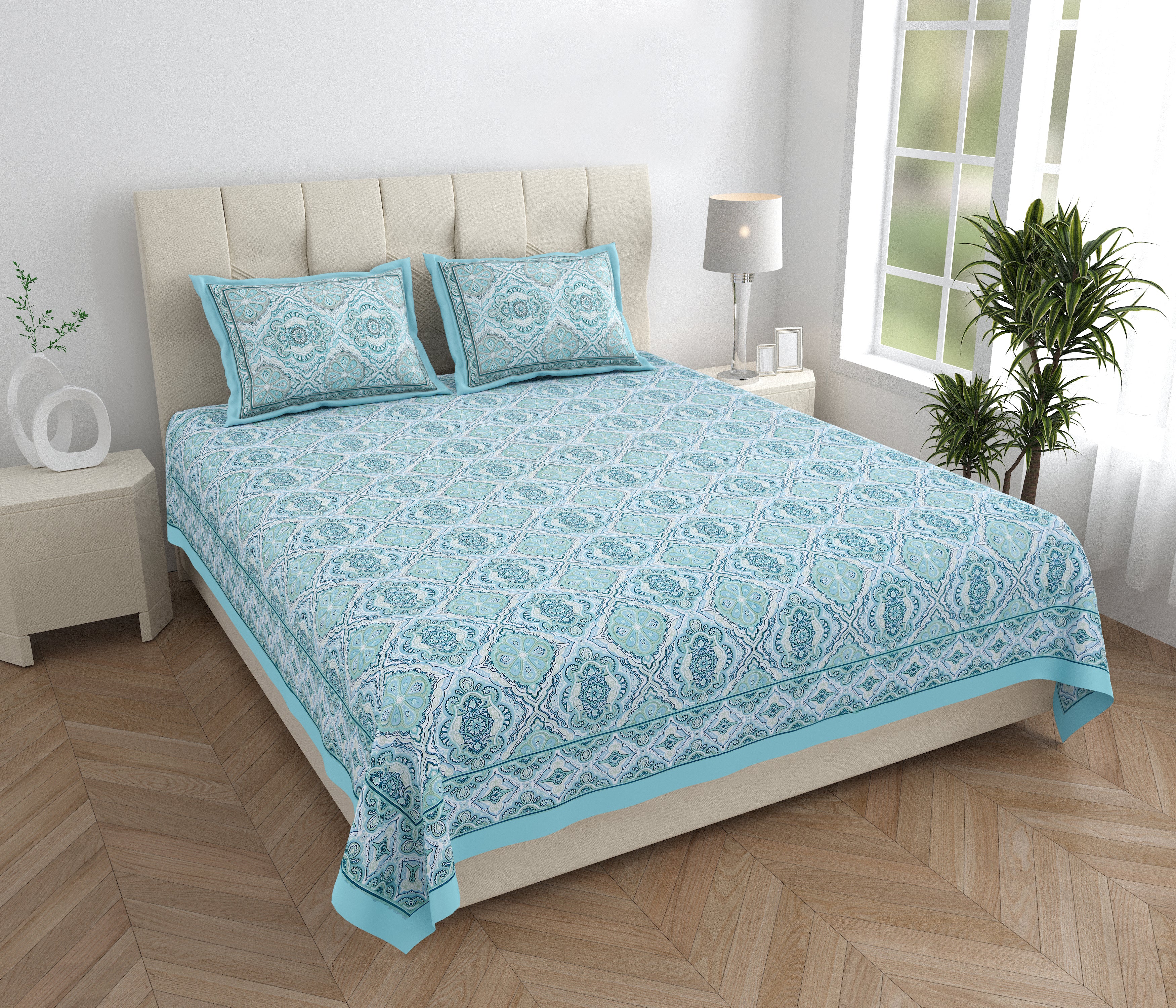 Eklavya Ikat Collection 95x108 Double Bedsheet with Geometric Floral Diamond Patterns & Pillow Covers