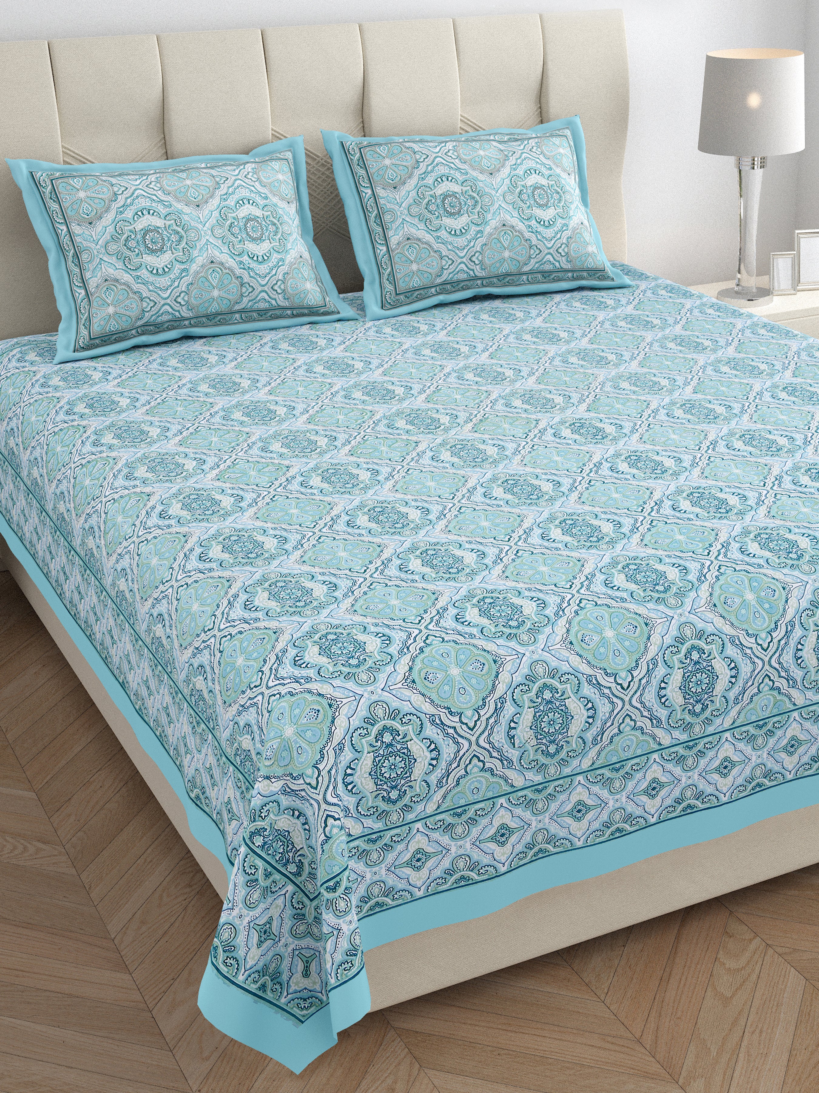 Eklavya Ikat Collection 95x108 Double Bedsheet with Geometric Floral Diamond Patterns & Pillow Covers