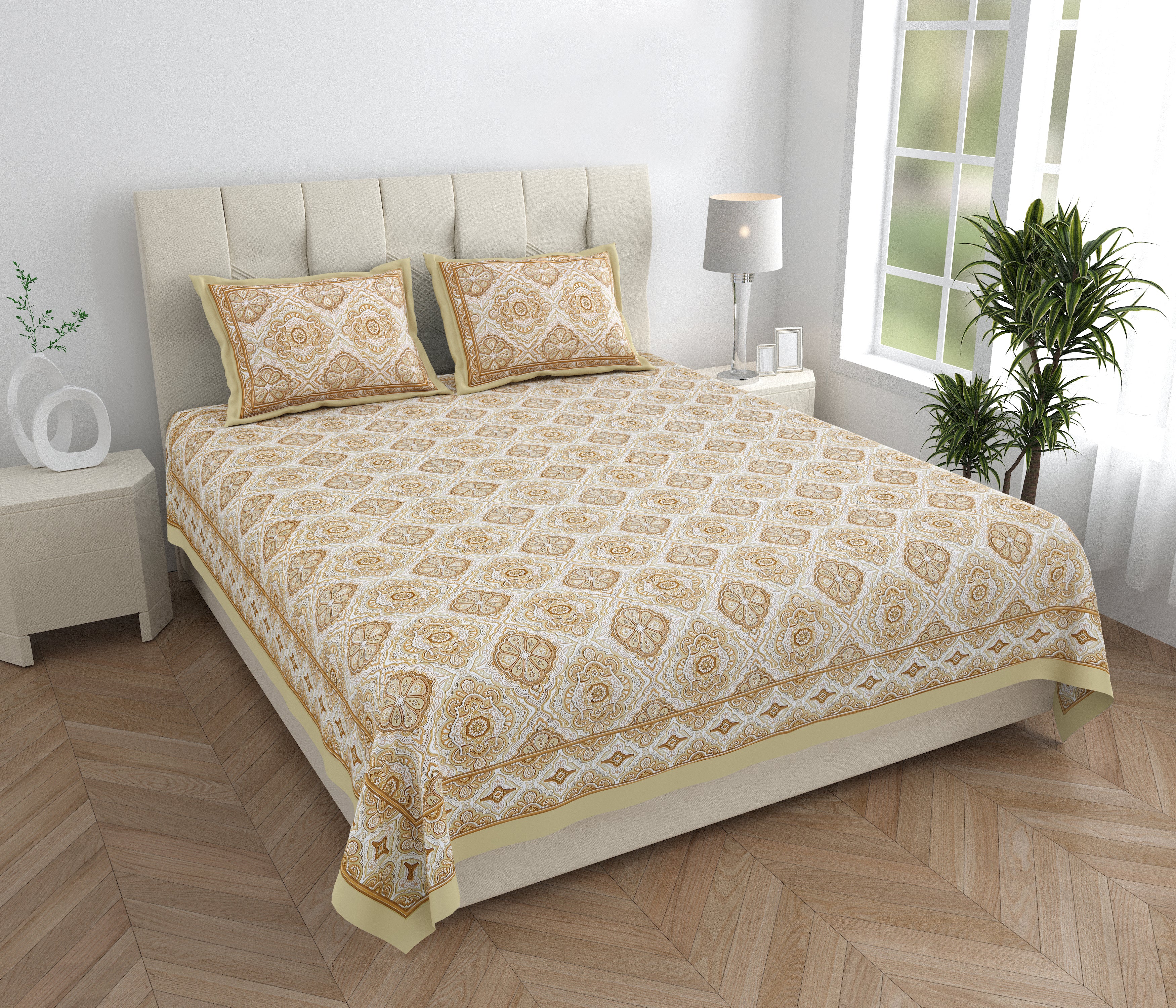 Eklavya Ikat Collection 95x108 Double Bedsheet with Geometric Floral Diamond Patterns & Pillow Covers