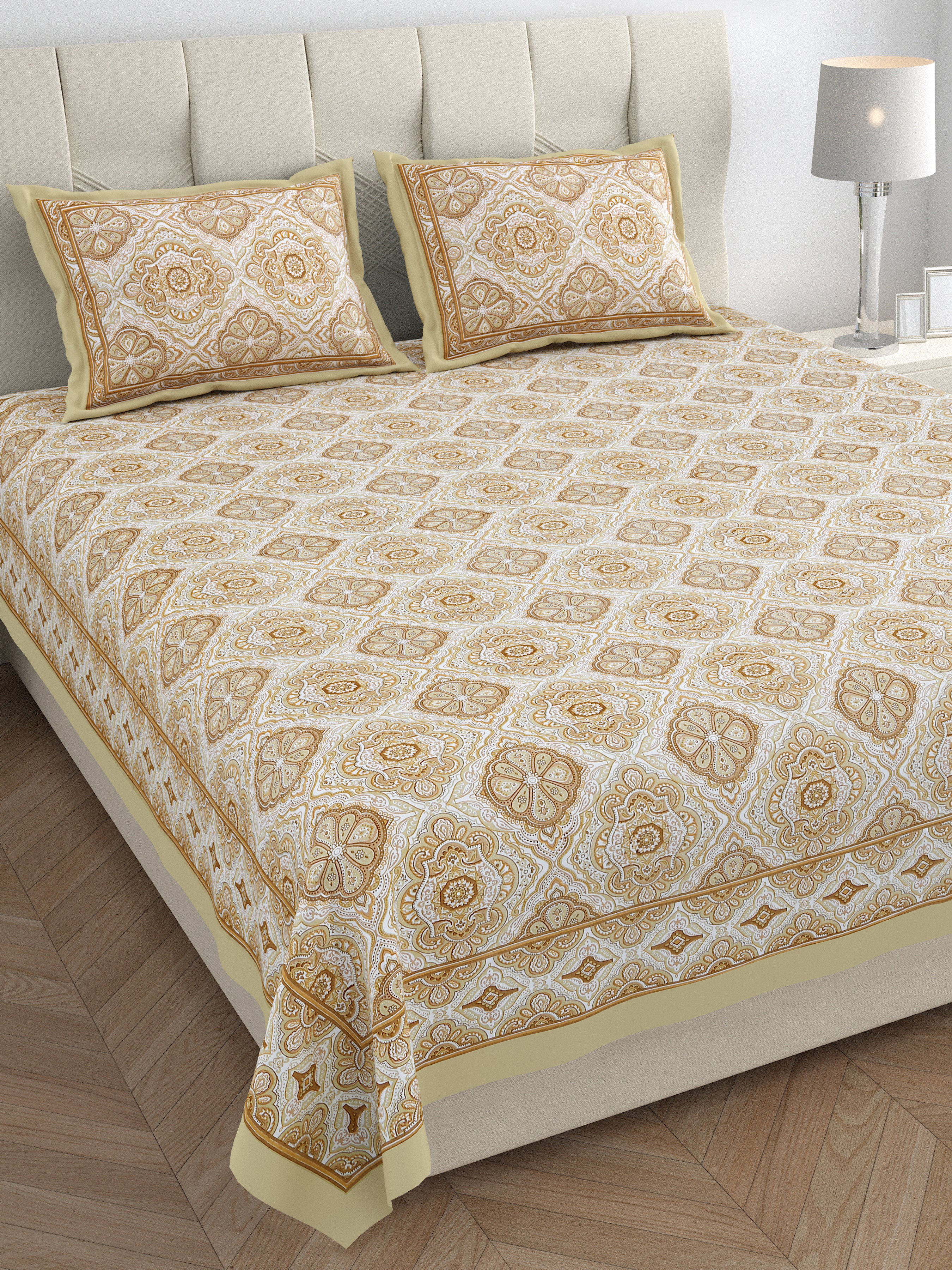 Eklavya Ikat Collection 95x108 Double Bedsheet with Geometric Floral Diamond Patterns & Pillow Covers
