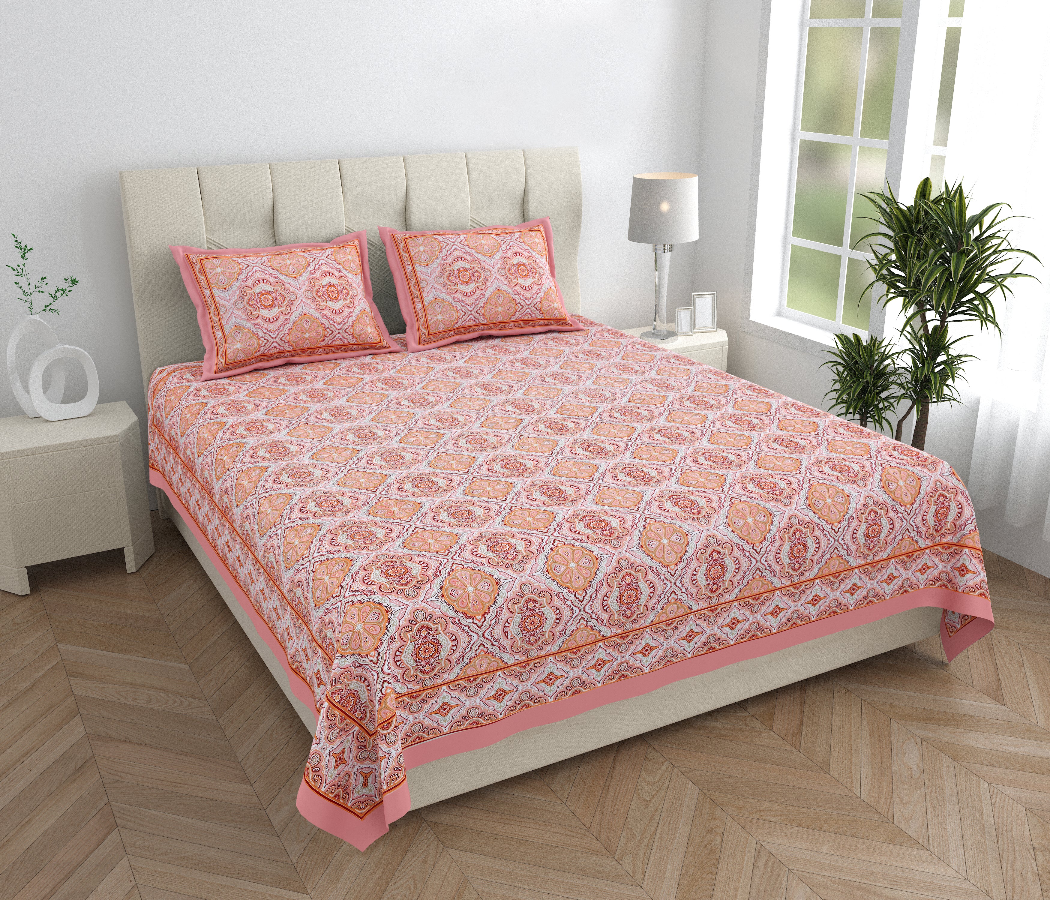 Eklavya Ikat Collection 95x108 Double Bedsheet with Geometric Floral Diamond Patterns & Pillow Covers