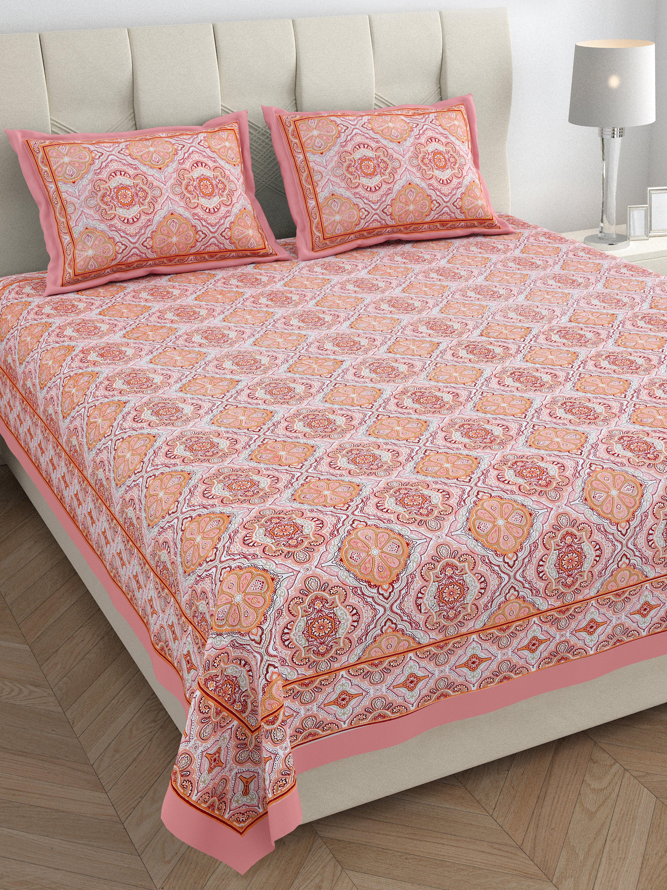 Eklavya Ikat Collection 95x108 Double Bedsheet with Geometric Floral Diamond Patterns & Pillow Covers