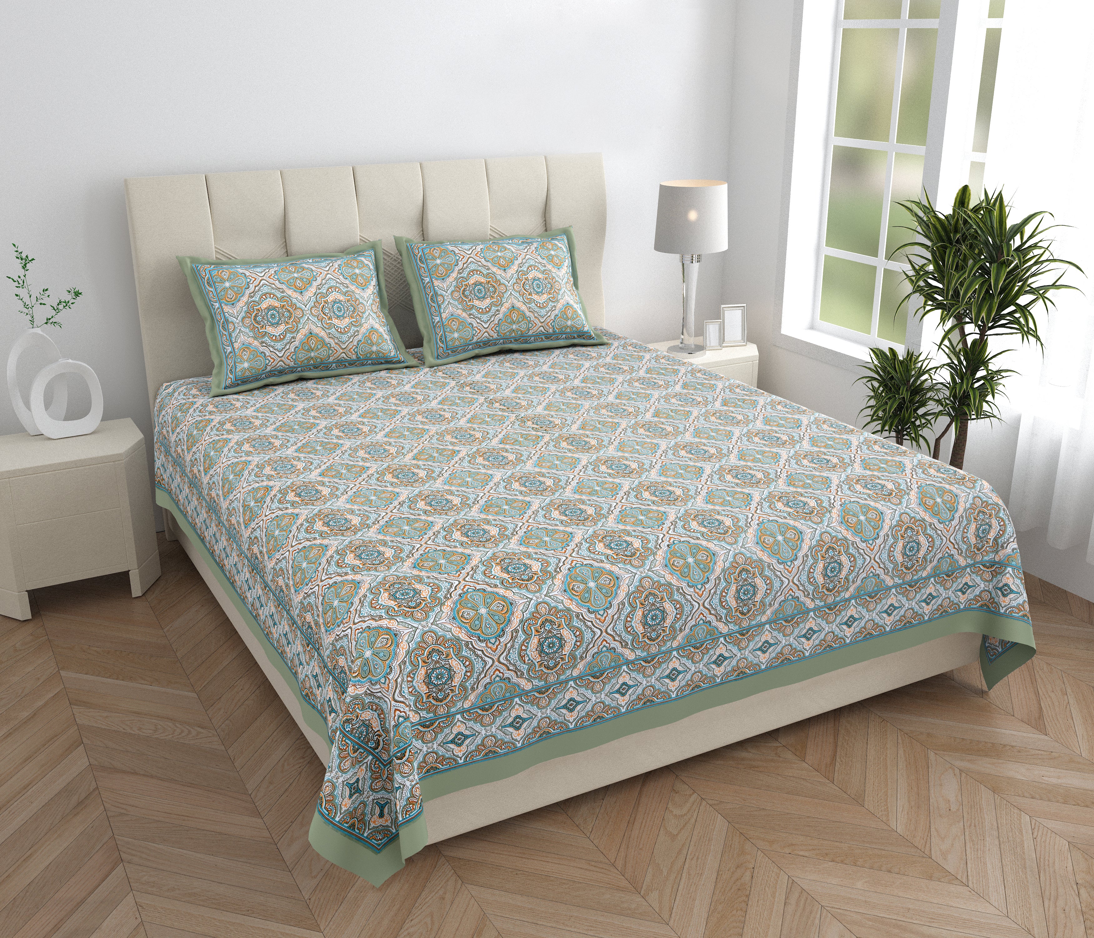 Eklavya Ikat Collection 95x108 Double Bedsheet with Geometric Floral Diamond Patterns & Pillow Covers