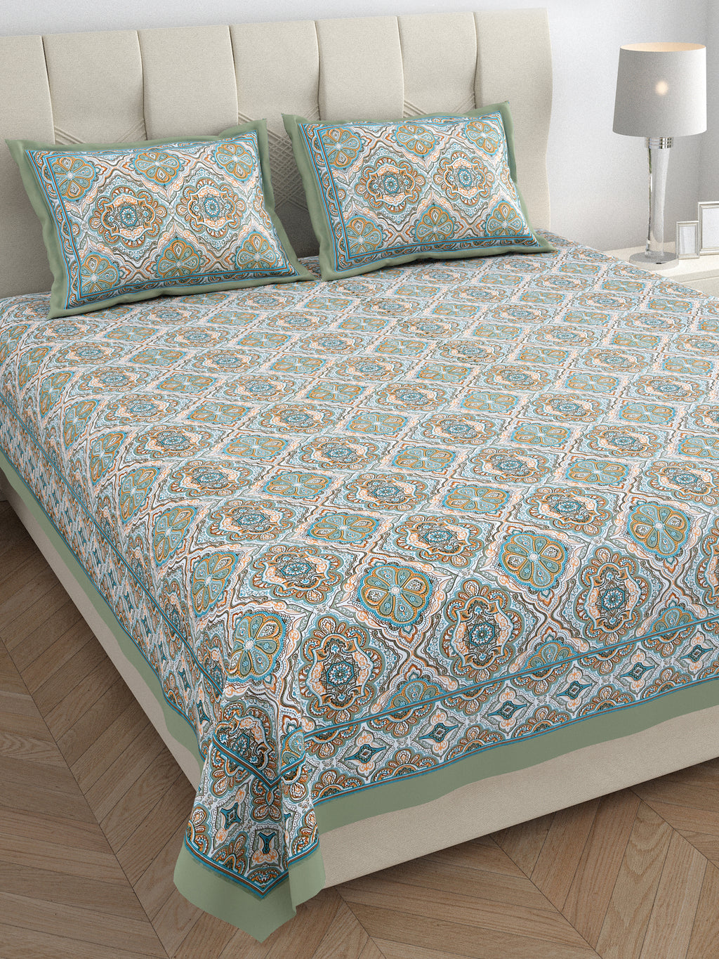 Eklavya Ikat Collection 95x108 Double Bedsheet with Geometric Floral Diamond Patterns & Pillow Covers