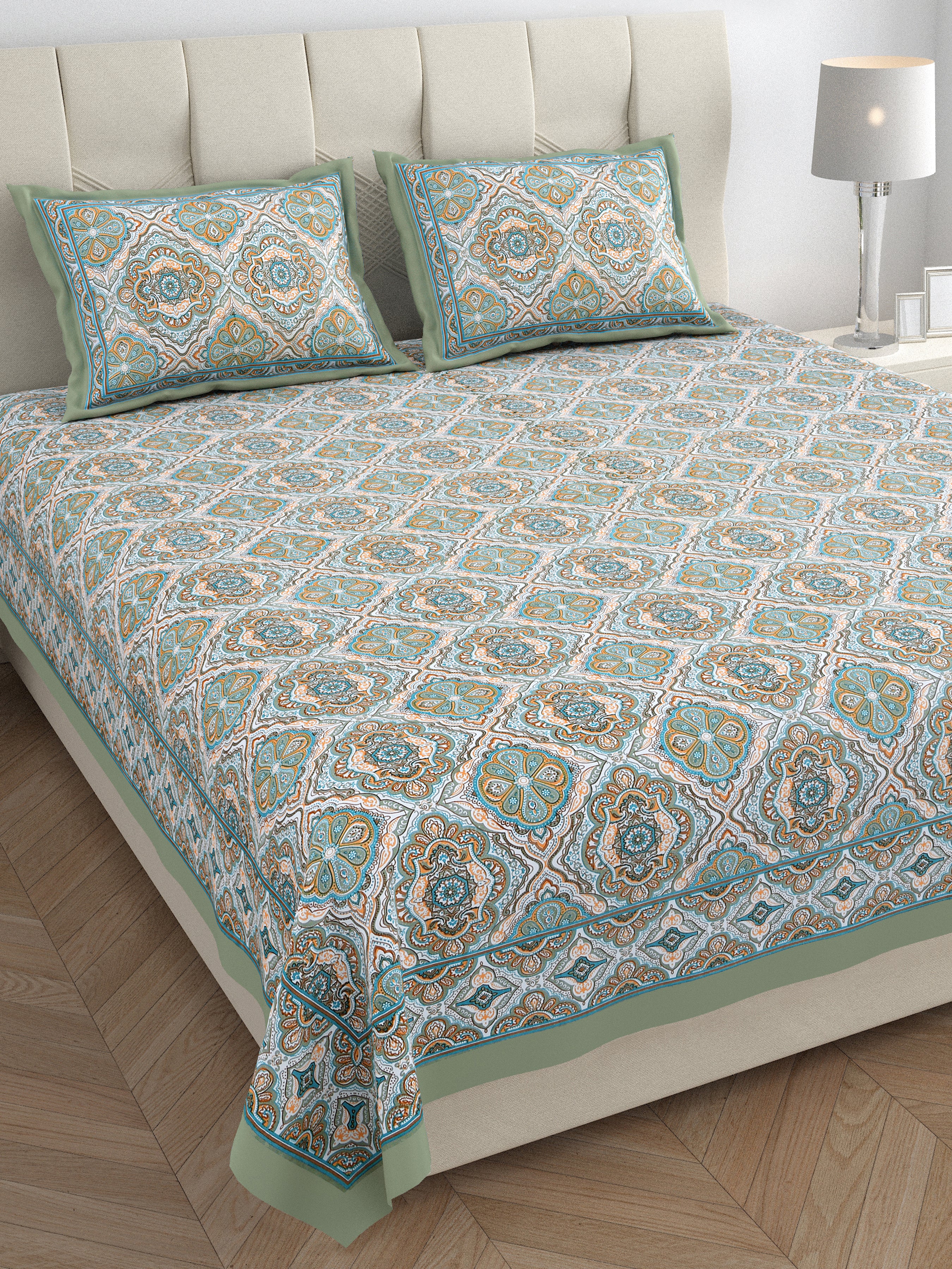 Eklavya Ikat Collection 95x108 Double Bedsheet with Geometric Floral Diamond Patterns & Pillow Covers