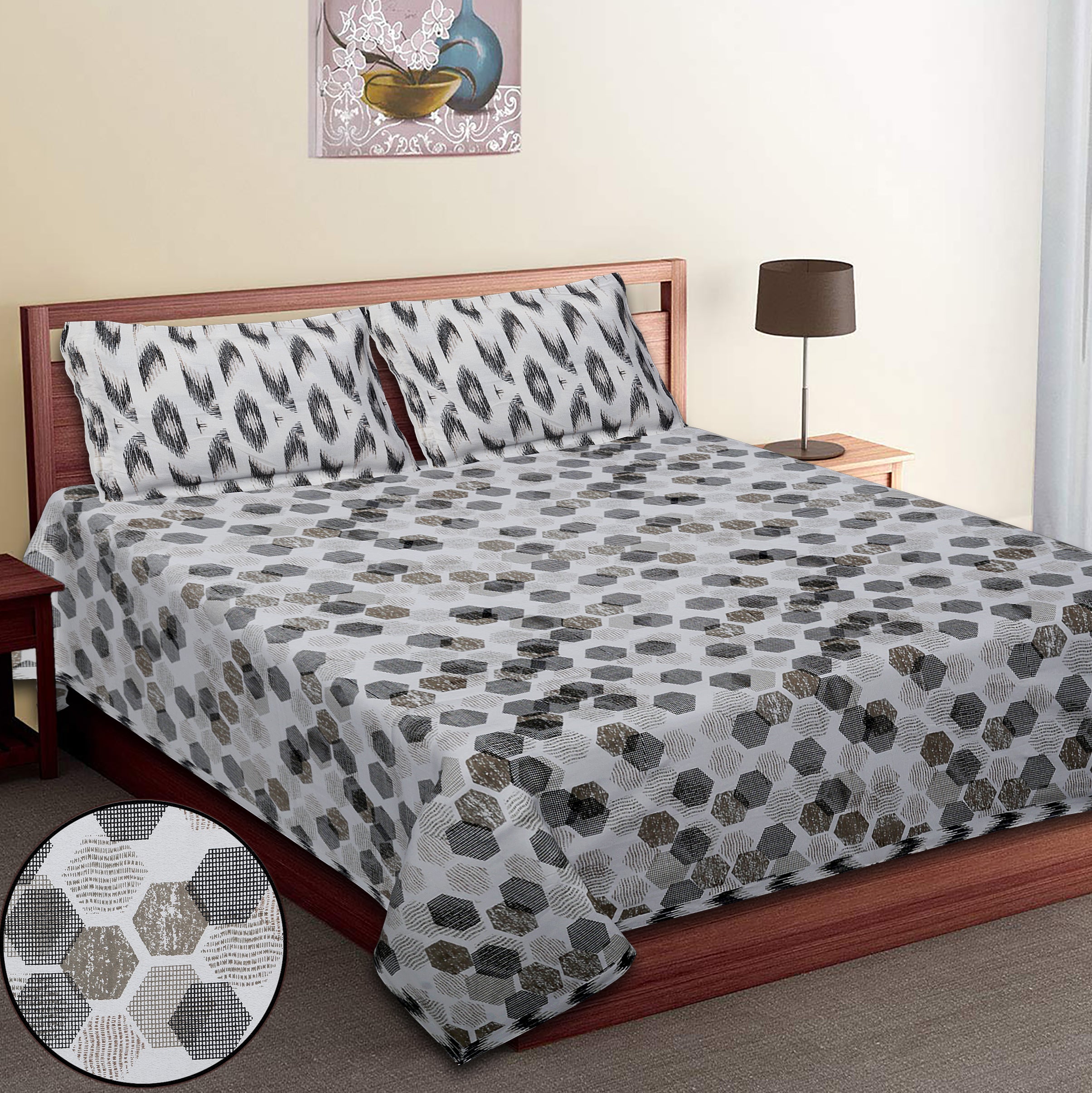 Geometrical Print Cotton Bedsheet Set | 100% Cotton | 70x100 Inches with 2 Pillow Covers