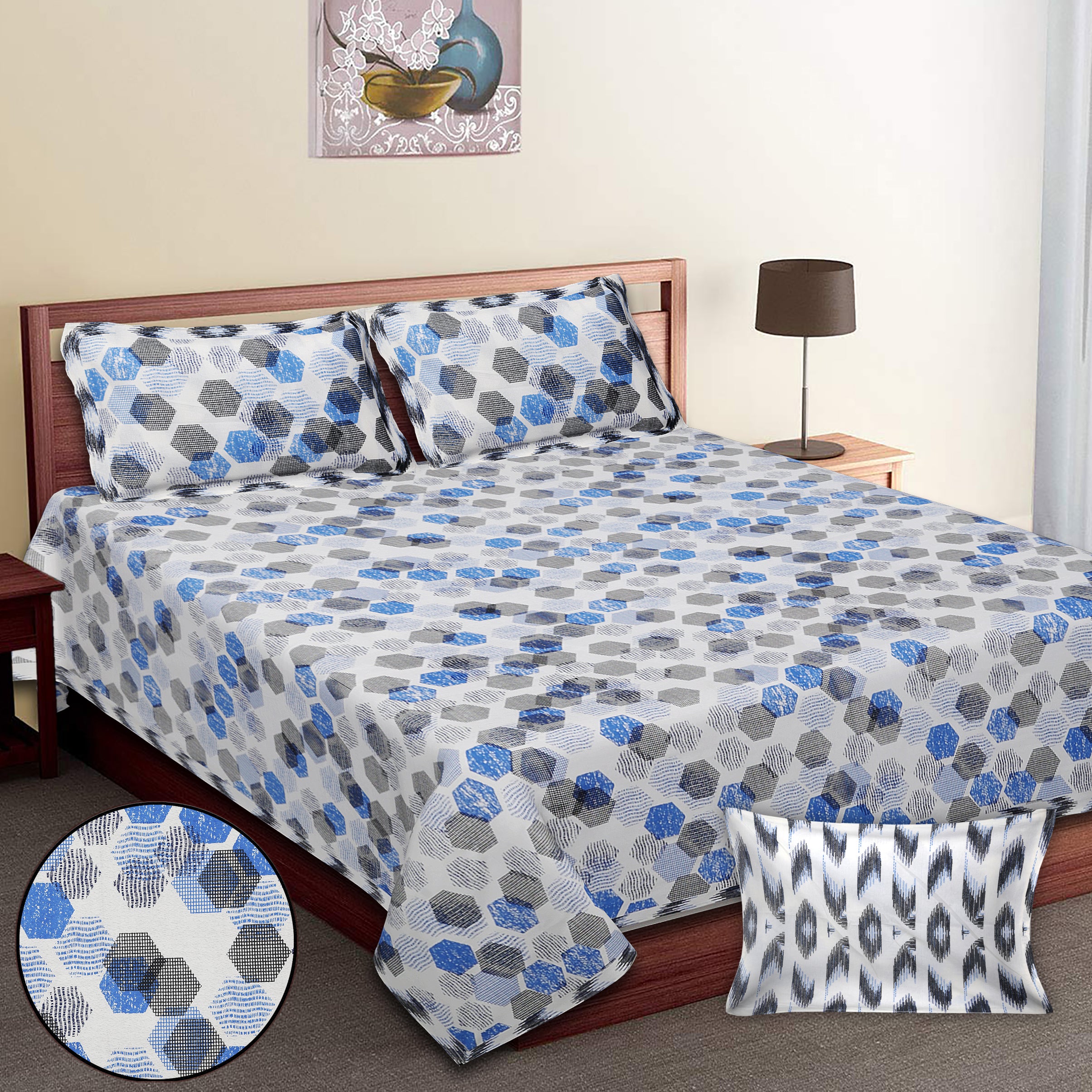 Geometrical Print Cotton Bedsheet Set | 100% Cotton | 70x100 Inches with 2 Pillow Covers
