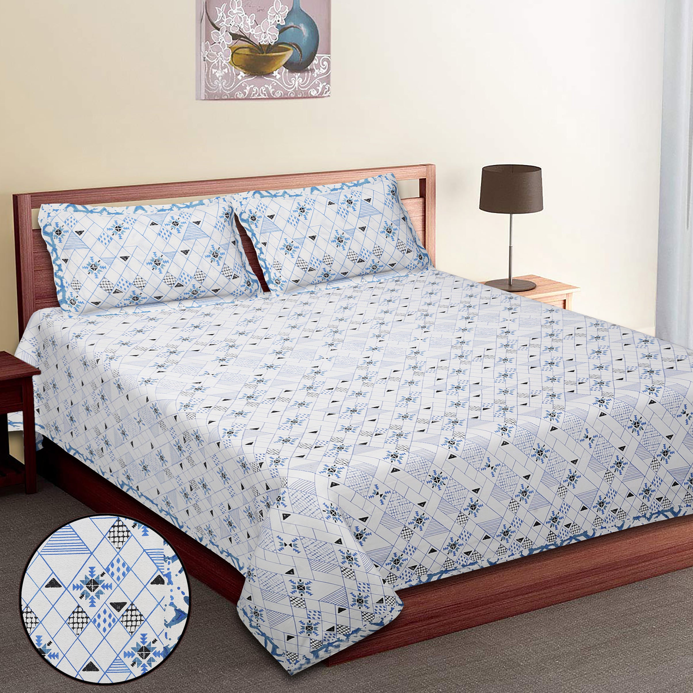 Premium Geometric Design Single Cotton Bedsheet Set | 70x100 Inches | 100% Cotton with 2 Pillow Covers
