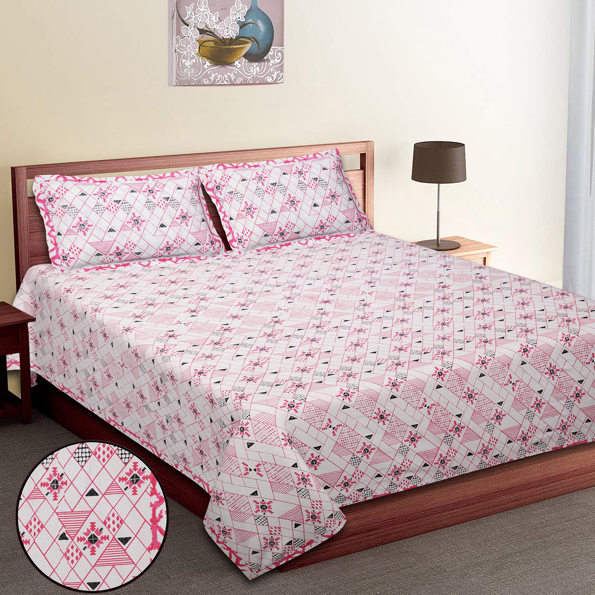 Premium Geometric Design Single Cotton Bedsheet Set | 70x100 Inches | 100% Cotton with 2 Pillow Covers