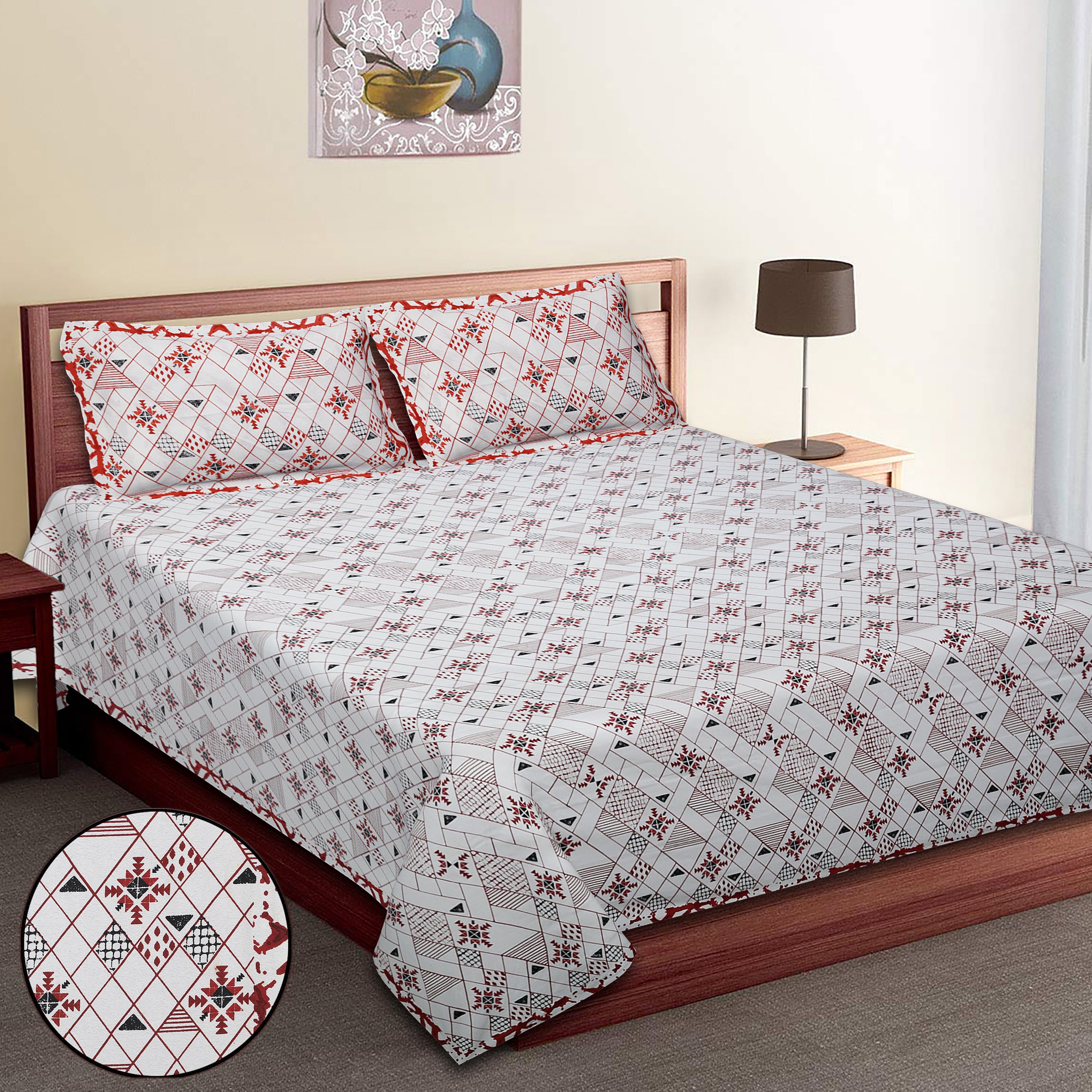 Premium Geometric Design Single Cotton Bedsheet Set | 70x100 Inches | 100% Cotton with 2 Pillow Covers