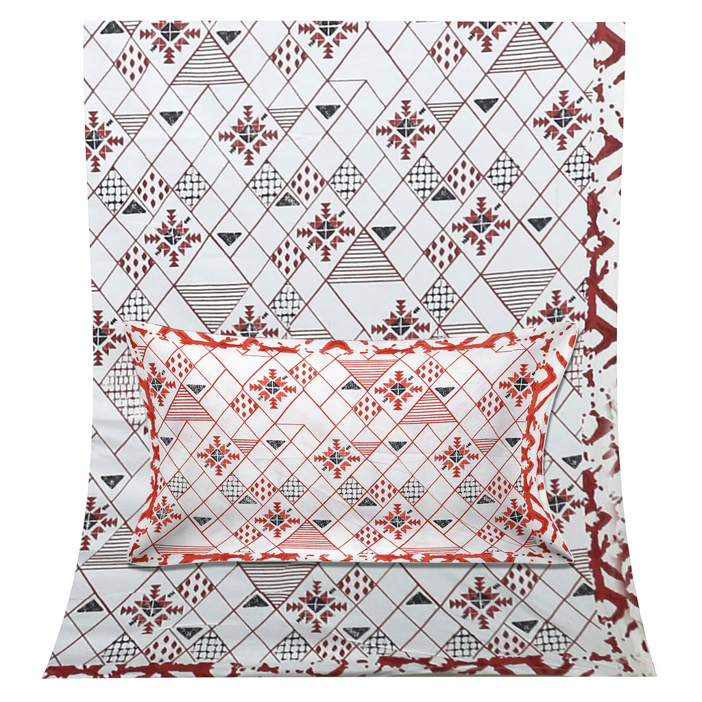 Premium Geometric Design Single Cotton Bedsheet Set | 70x100 Inches | 100% Cotton with 2 Pillow Covers