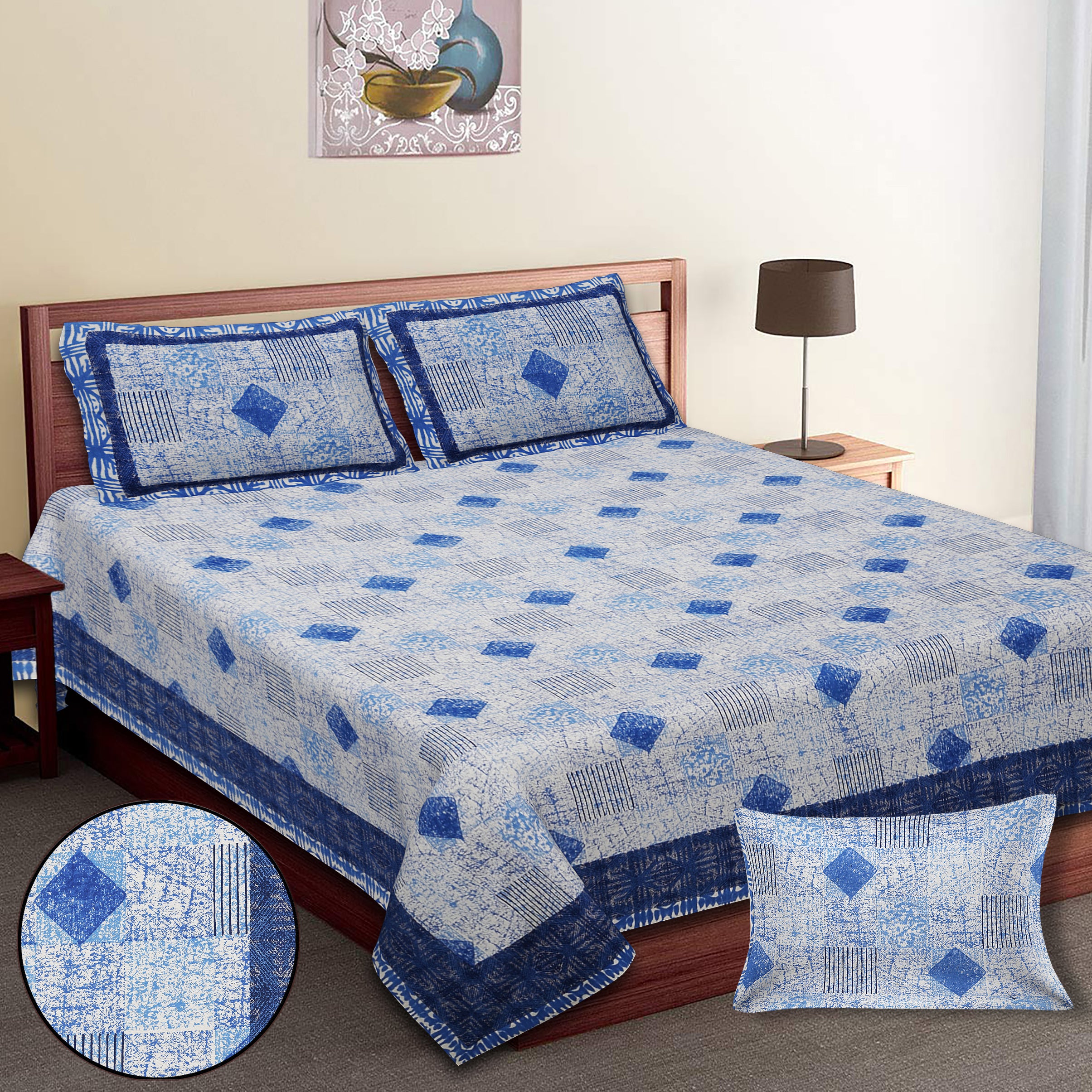 Luxury 100% Cotton Geometric Single Bedsheet Set | 70x100 Inches | Soft & Breathable with 2 Pillow Covers