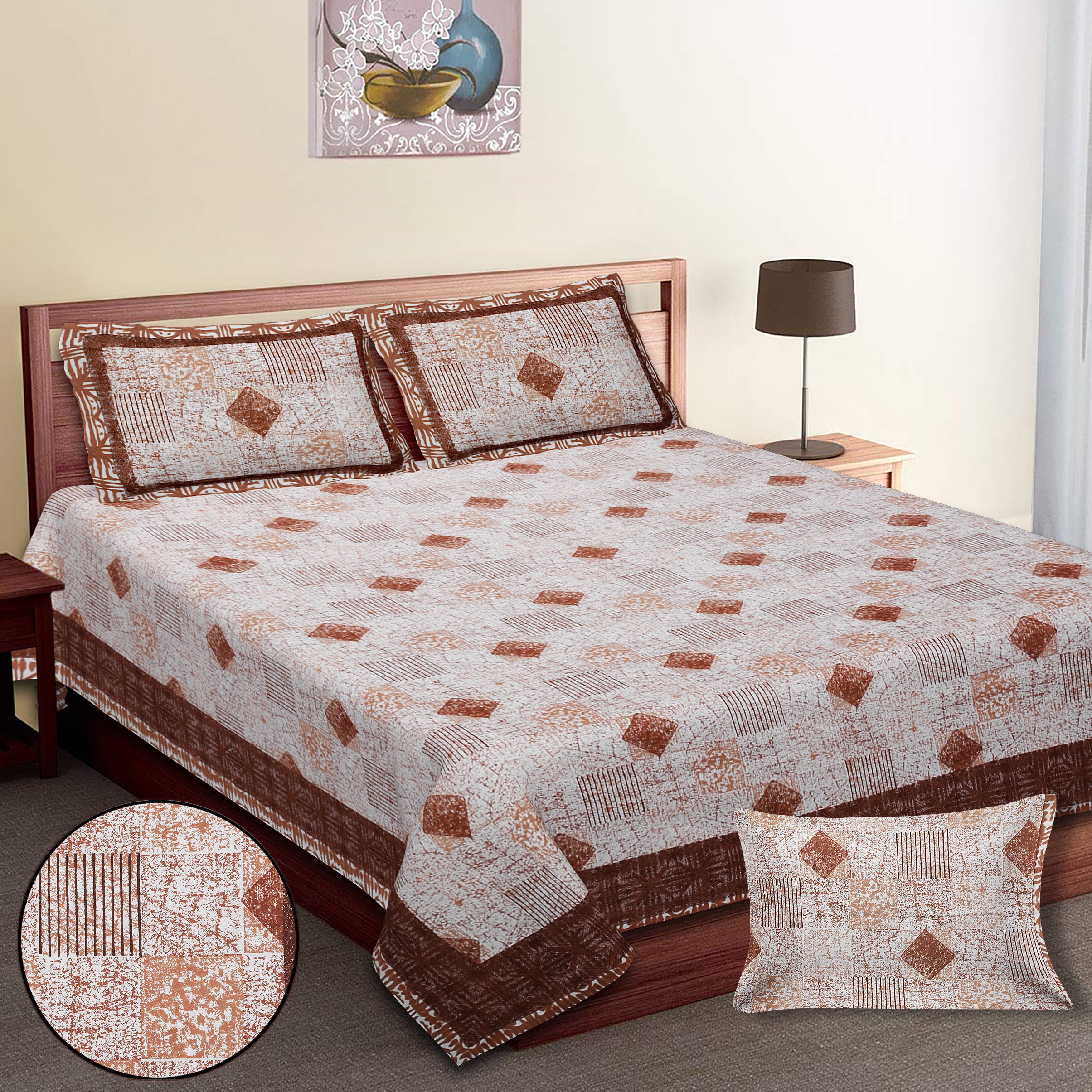 Luxury 100% Cotton Geometric Single Bedsheet Set | 70x100 Inches | Soft & Breathable with 2 Pillow Covers