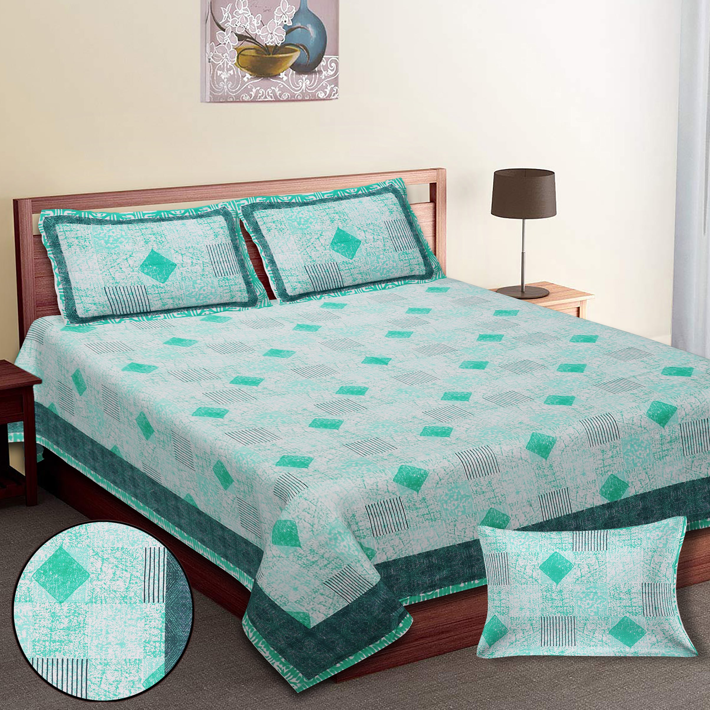 Luxury 100% Cotton Geometric Single Bedsheet Set | 70x100 Inches | Soft & Breathable with 2 Pillow Covers