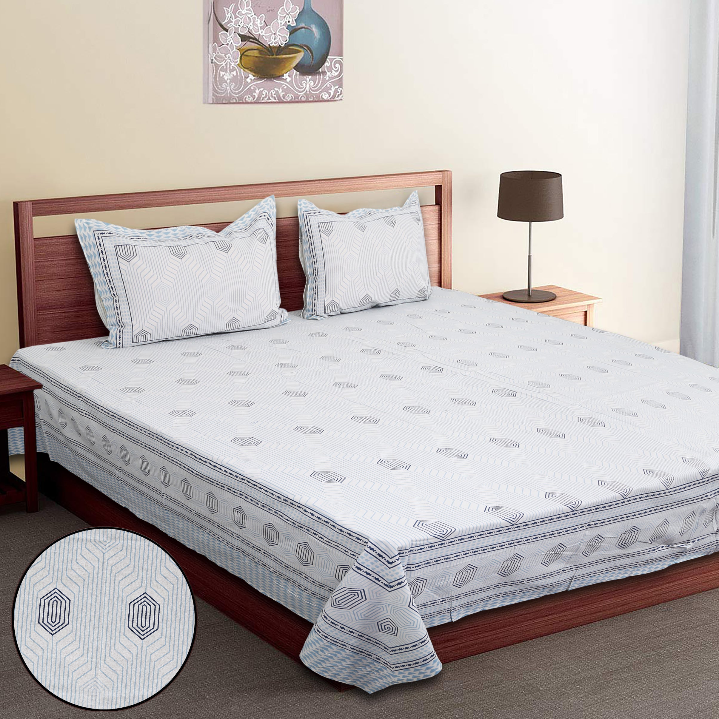 Soft Cotton Geometric Single Bedsheet with 2 Pillow Covers | 70x100