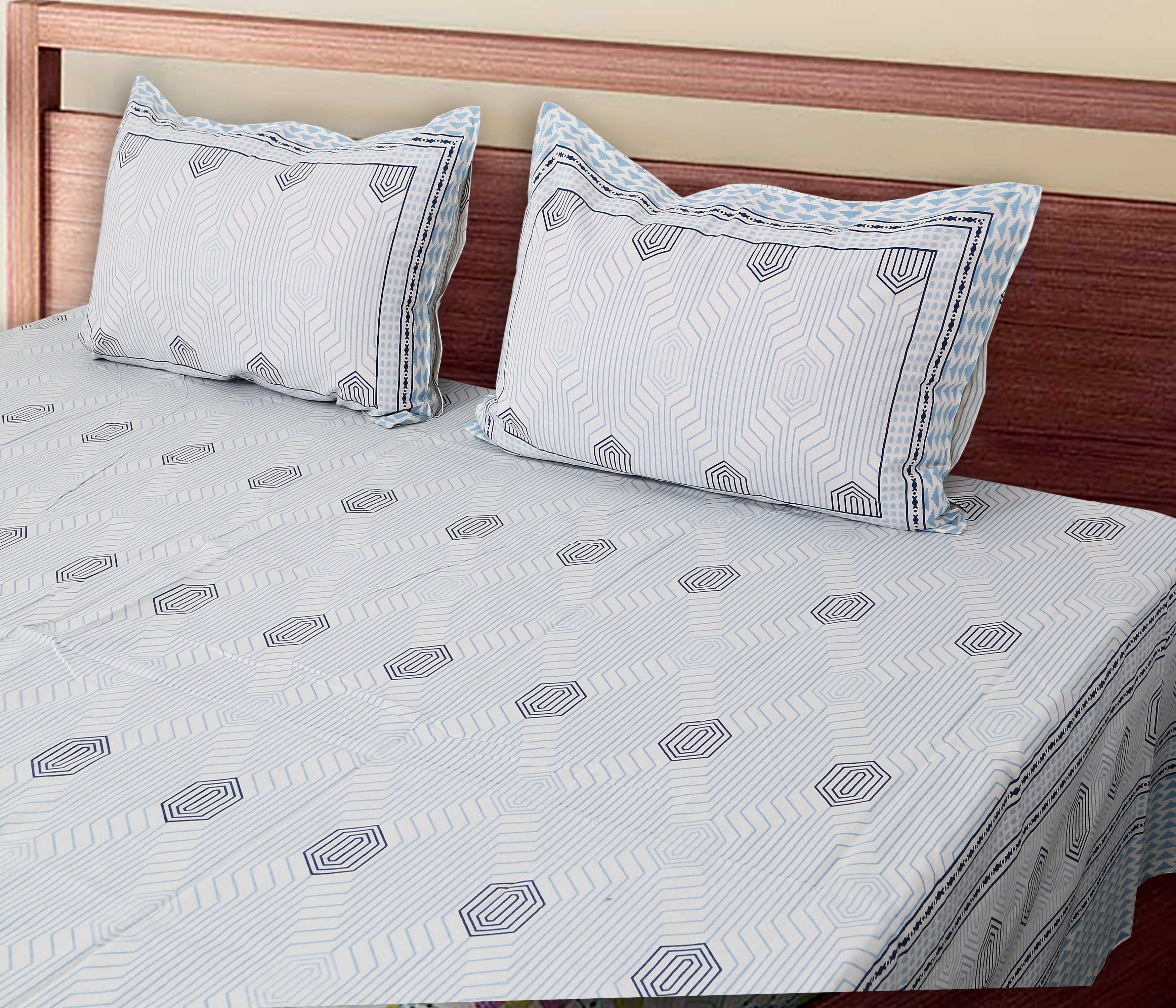 Soft Cotton Geometric Single Bedsheet with 2 Pillow Covers | 70x100