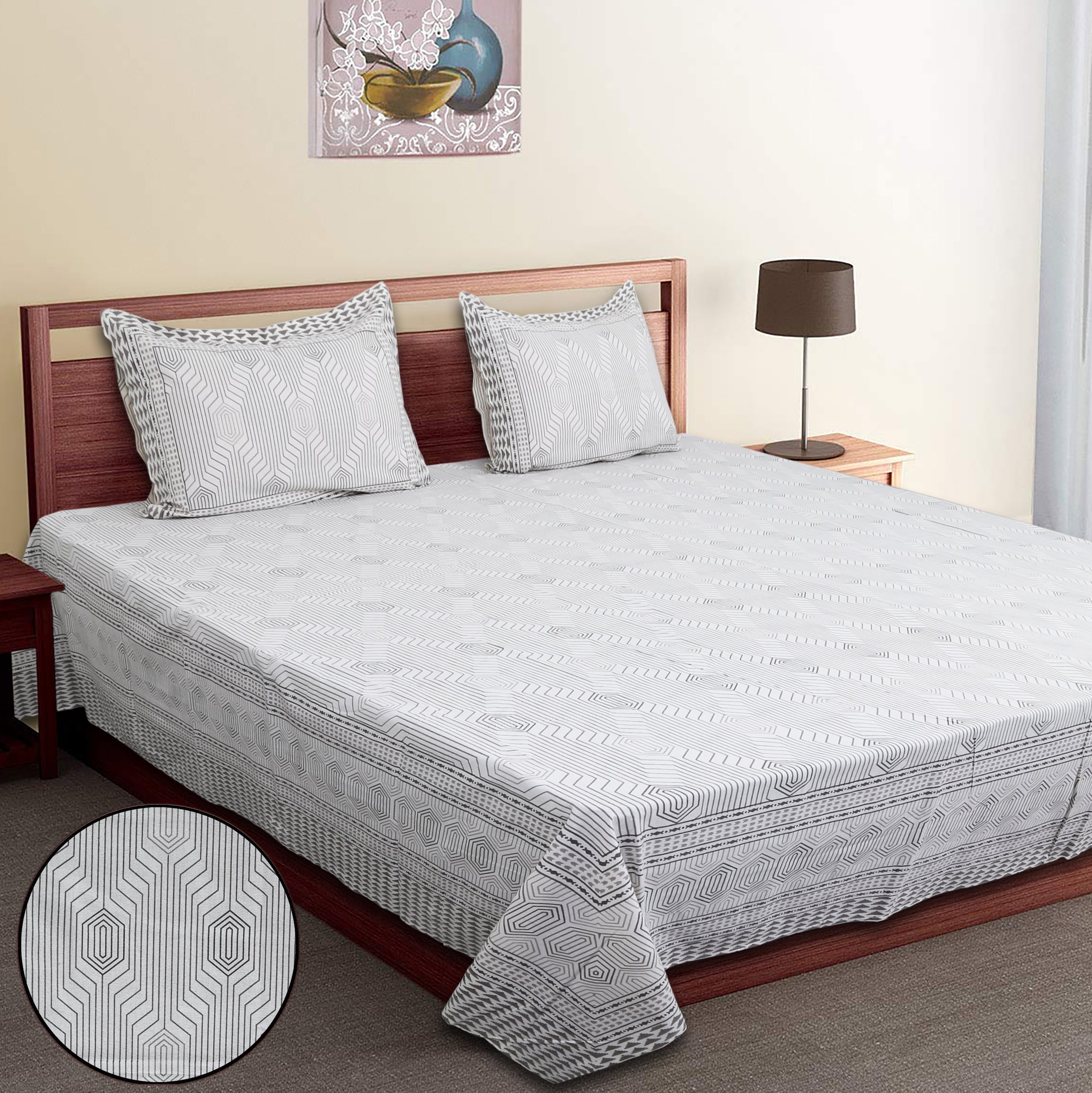 Soft Cotton Geometric Single Bedsheet with 2 Pillow Covers | 70x100