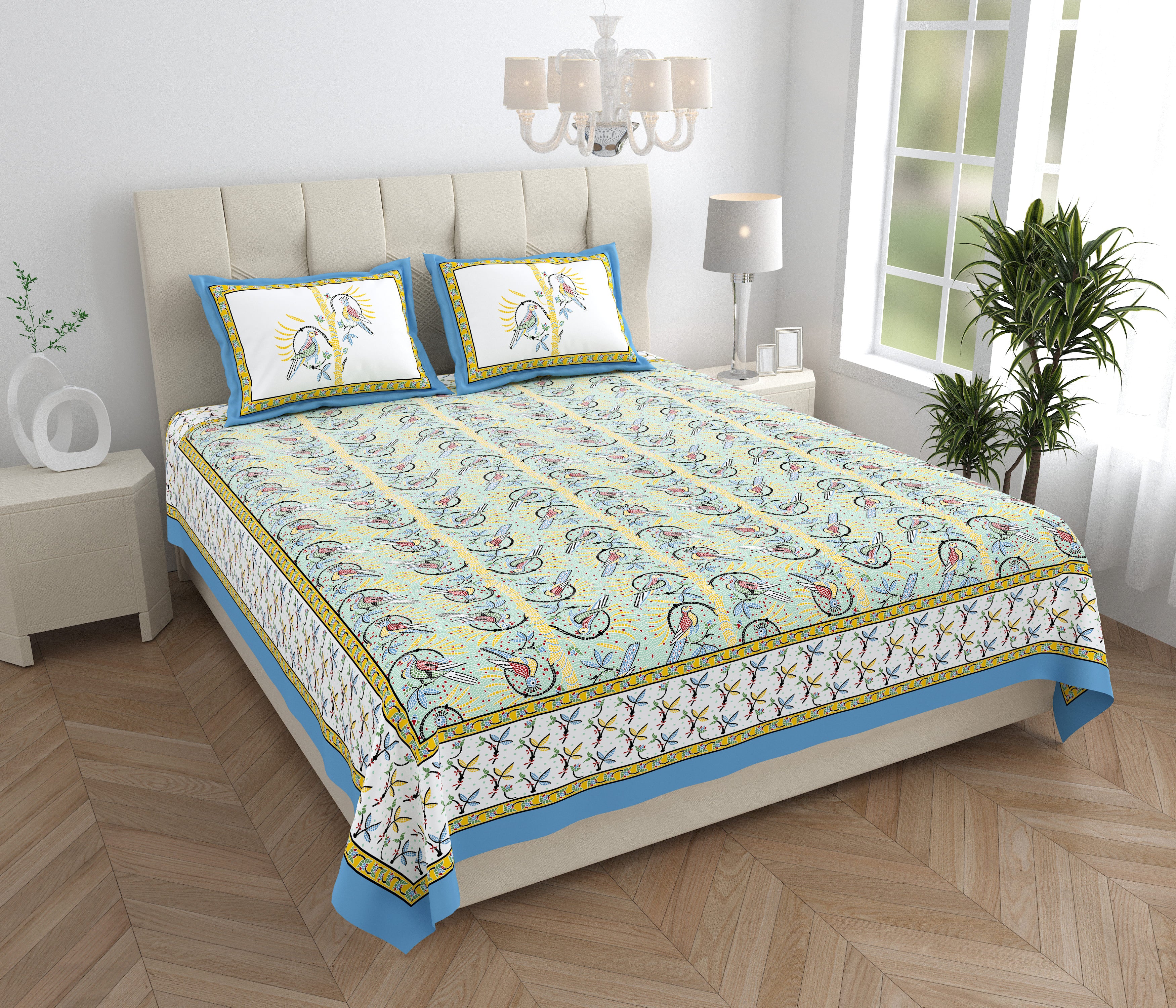 Parkota Collection 95x108 Double Bedsheet with Artistic Bird Motifs & Pillow Covers
