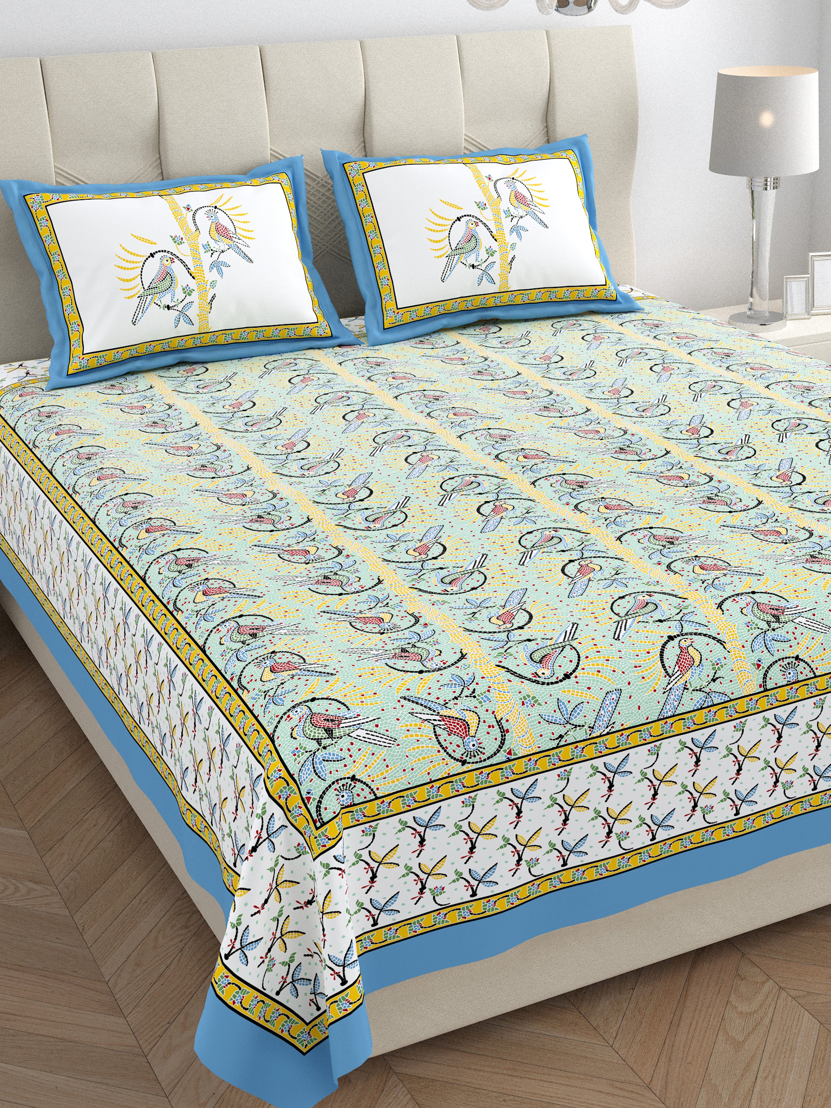 Parkota Collection 95x108 Double Bedsheet with Artistic Bird Motifs & Pillow Covers