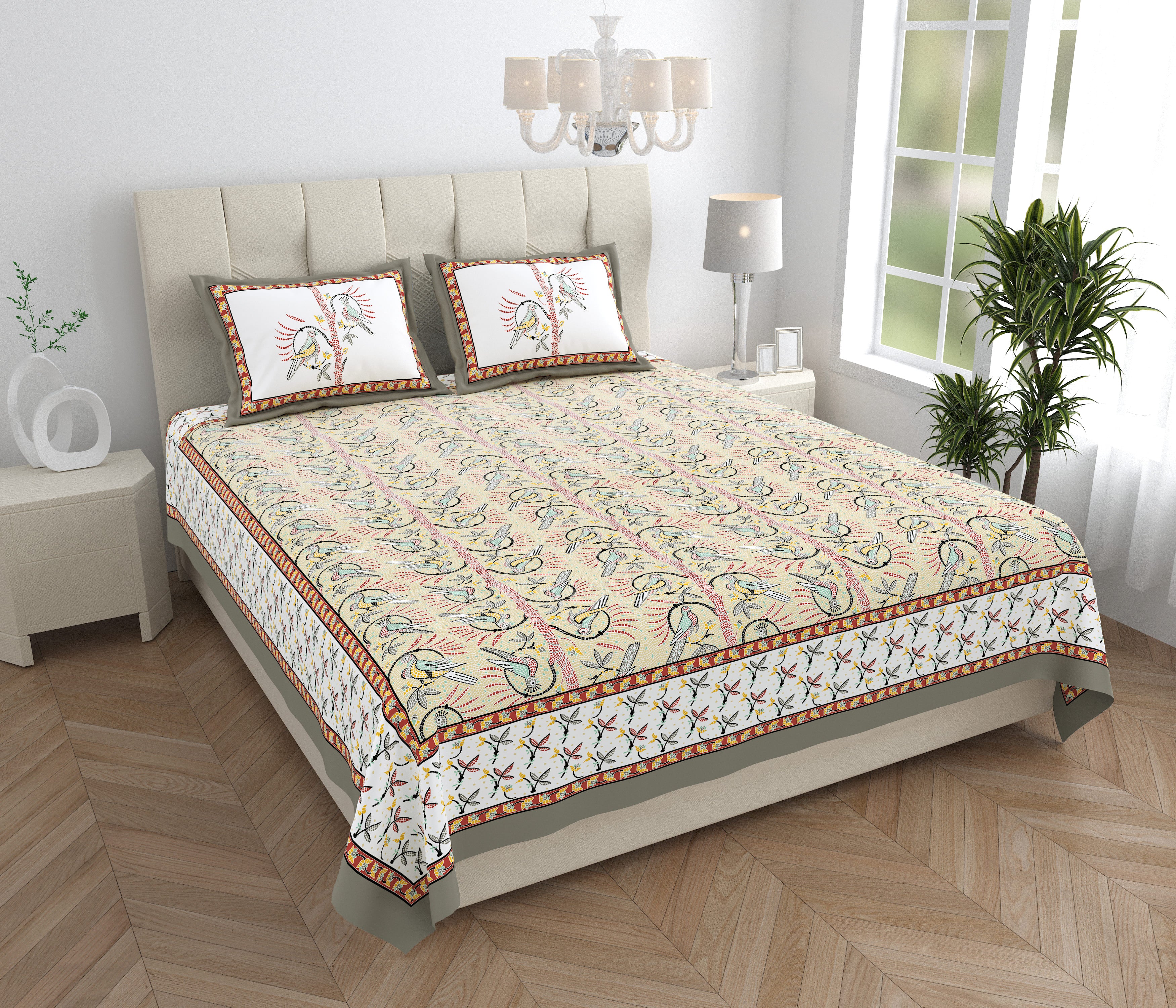 Parkota Collection 95x108 Double Bedsheet with Artistic Bird Motifs & Pillow Covers