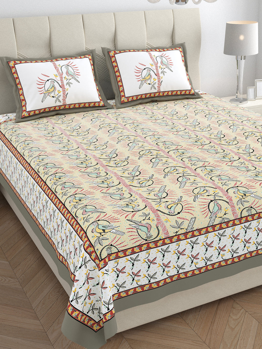 Parkota Collection 95x108 Double Bedsheet with Artistic Bird Motifs & Pillow Covers