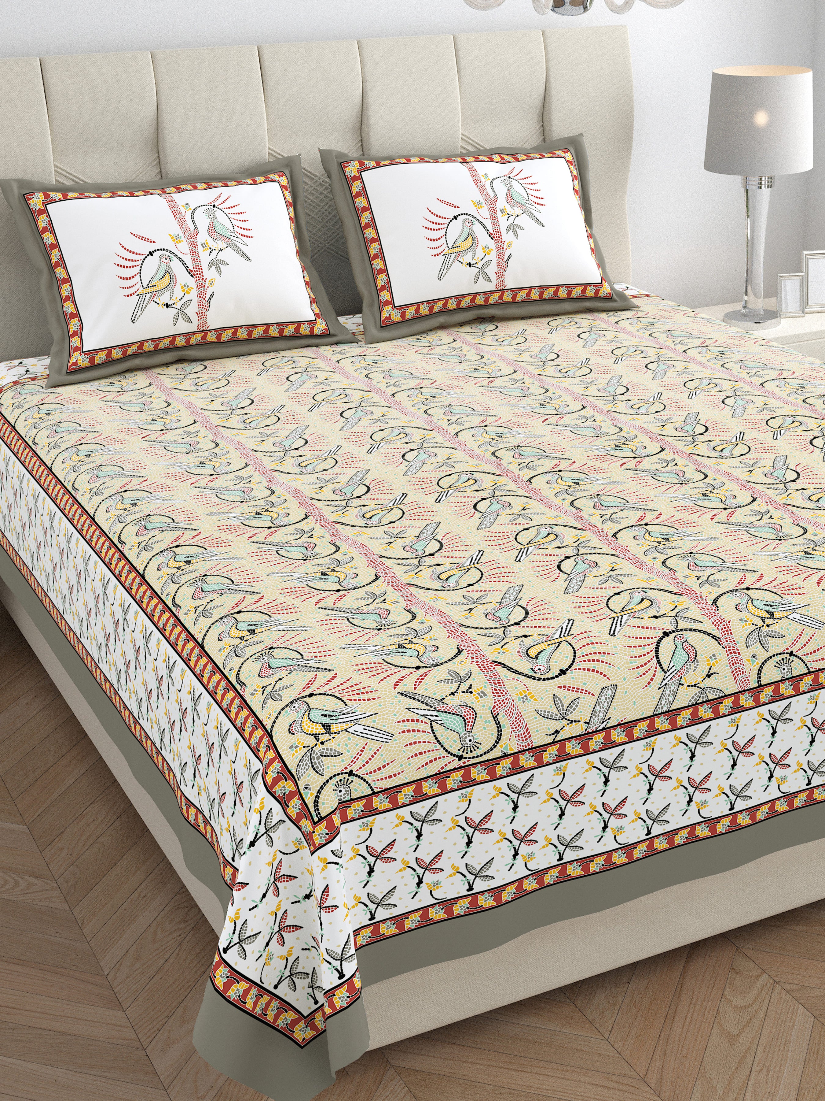 Parkota Collection 95x108 Double Bedsheet with Artistic Bird Motifs & Pillow Covers