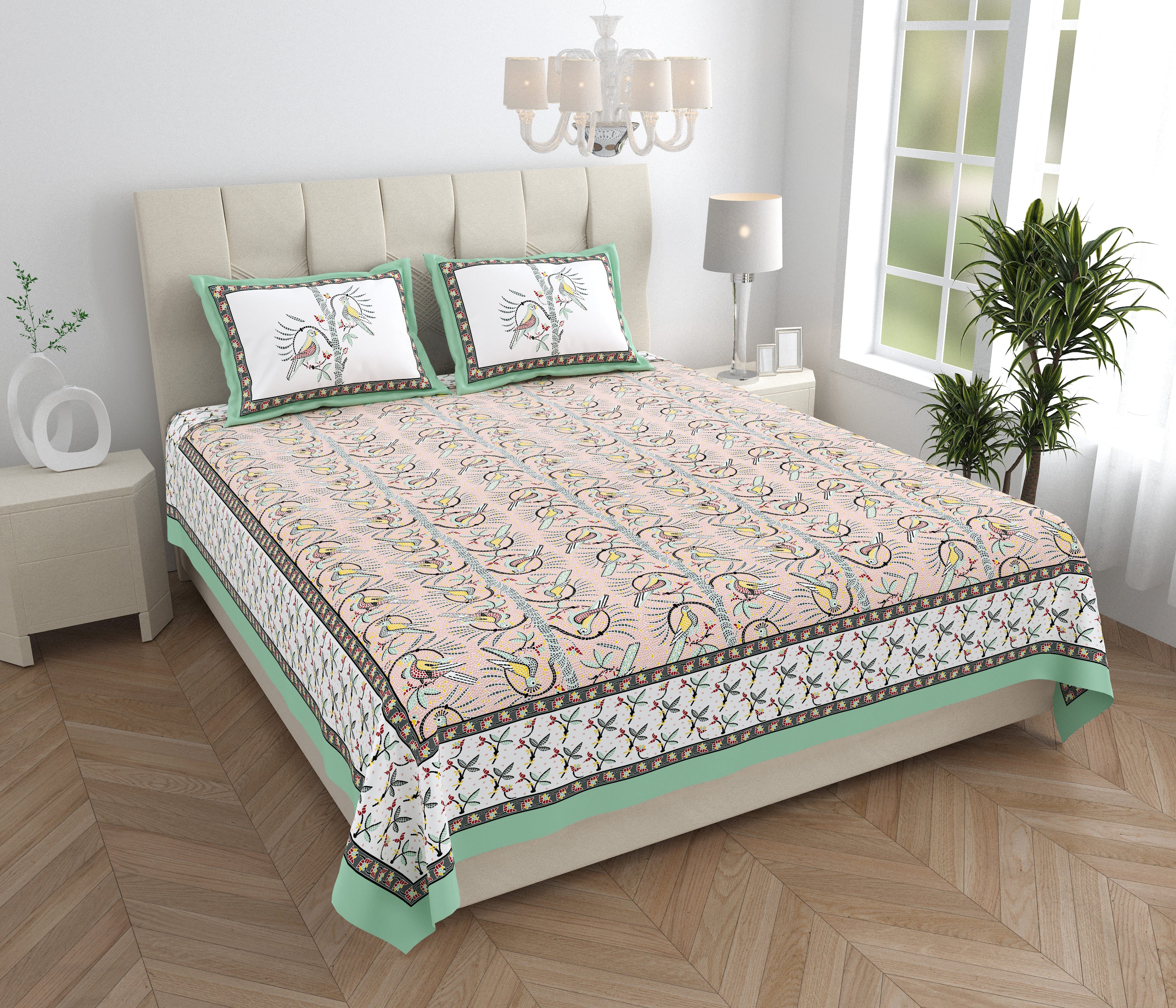 Parkota Collection 95x108 Double Bedsheet with Artistic Bird Motifs & Pillow Covers
