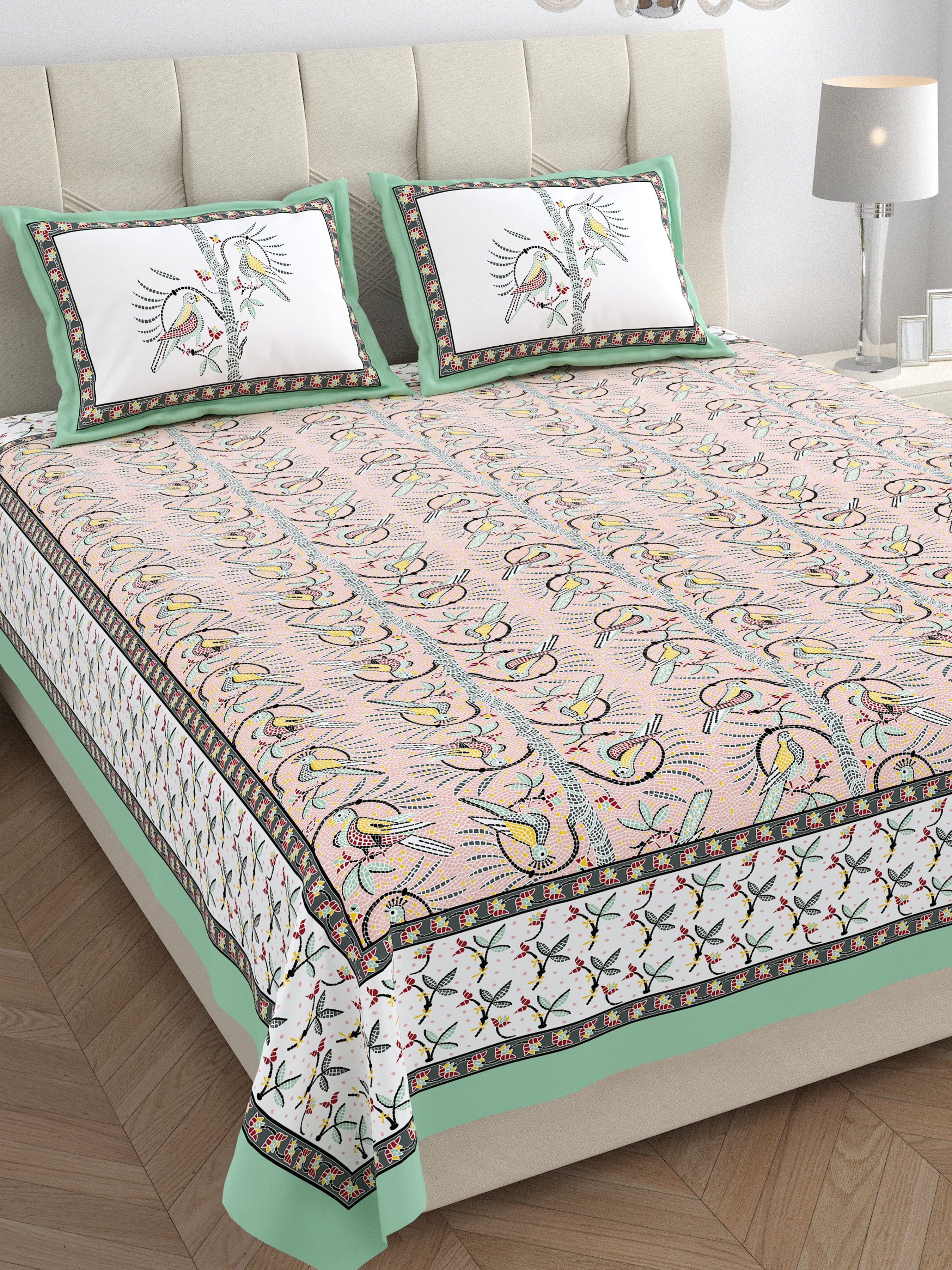 Parkota Collection 95x108 Double Bedsheet with Artistic Bird Motifs & Pillow Covers