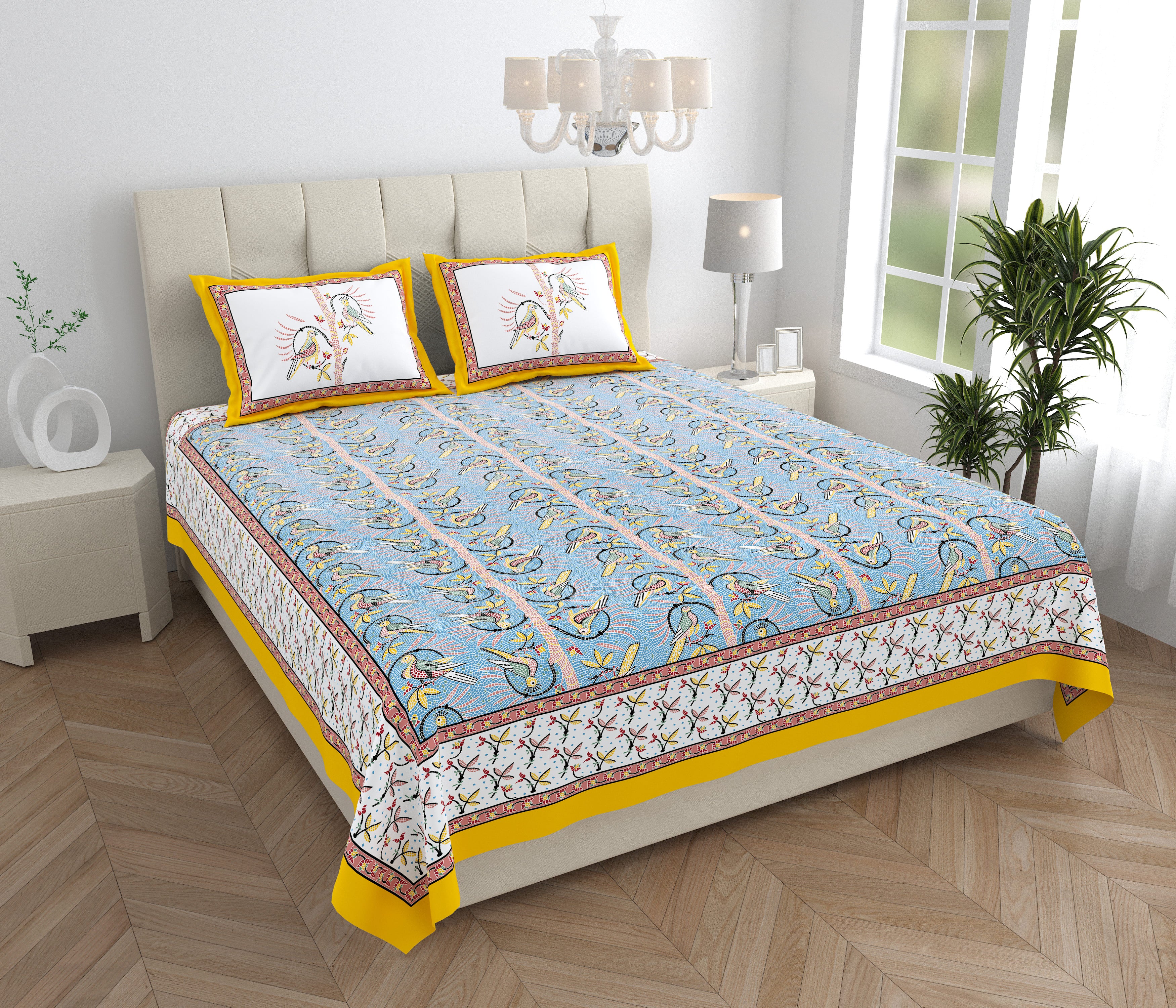 Parkota Collection 95x108 Double Bedsheet with Artistic Bird Motifs & Pillow Covers