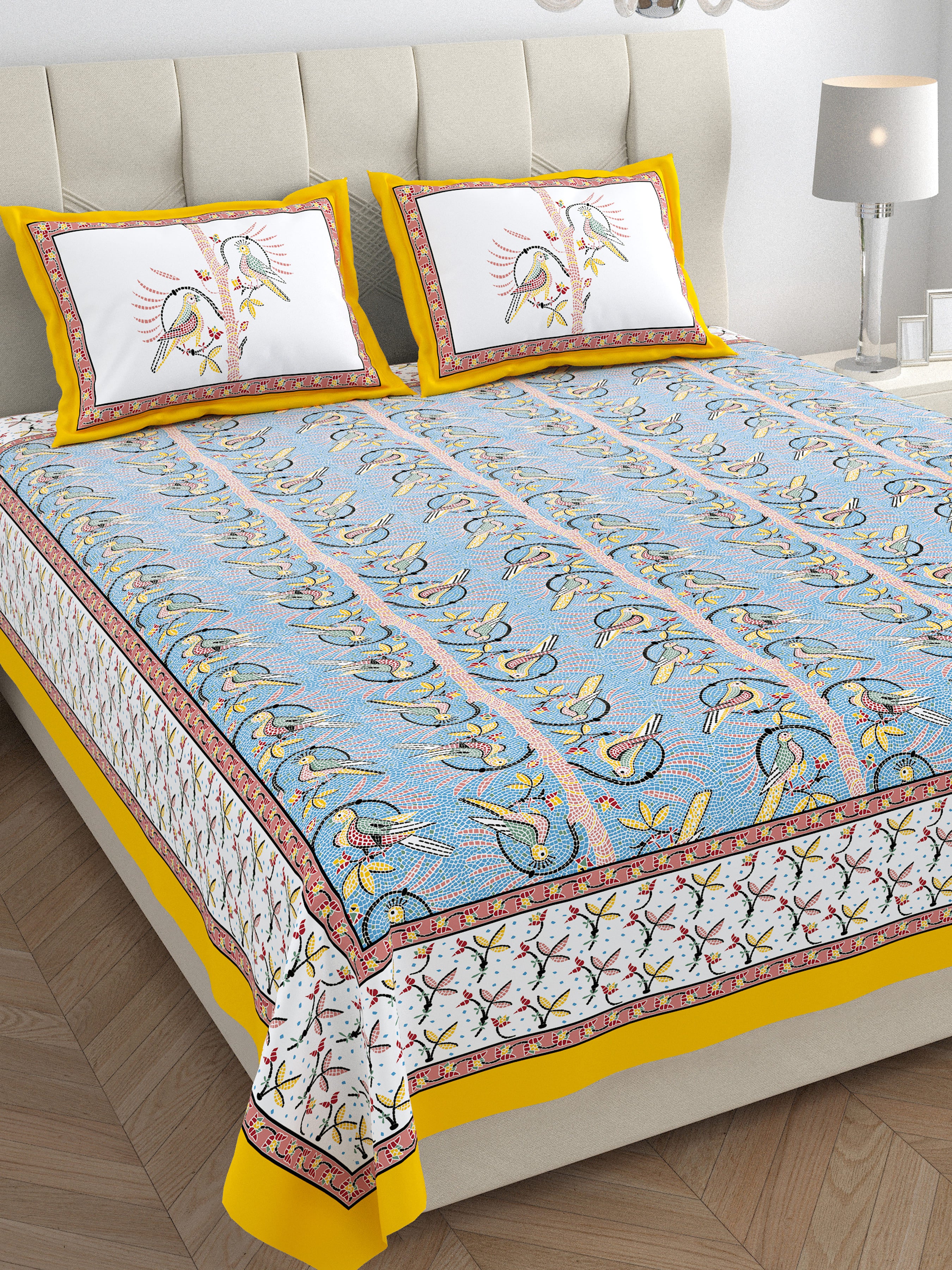 Parkota Collection 95x108 Double Bedsheet with Artistic Bird Motifs & Pillow Covers