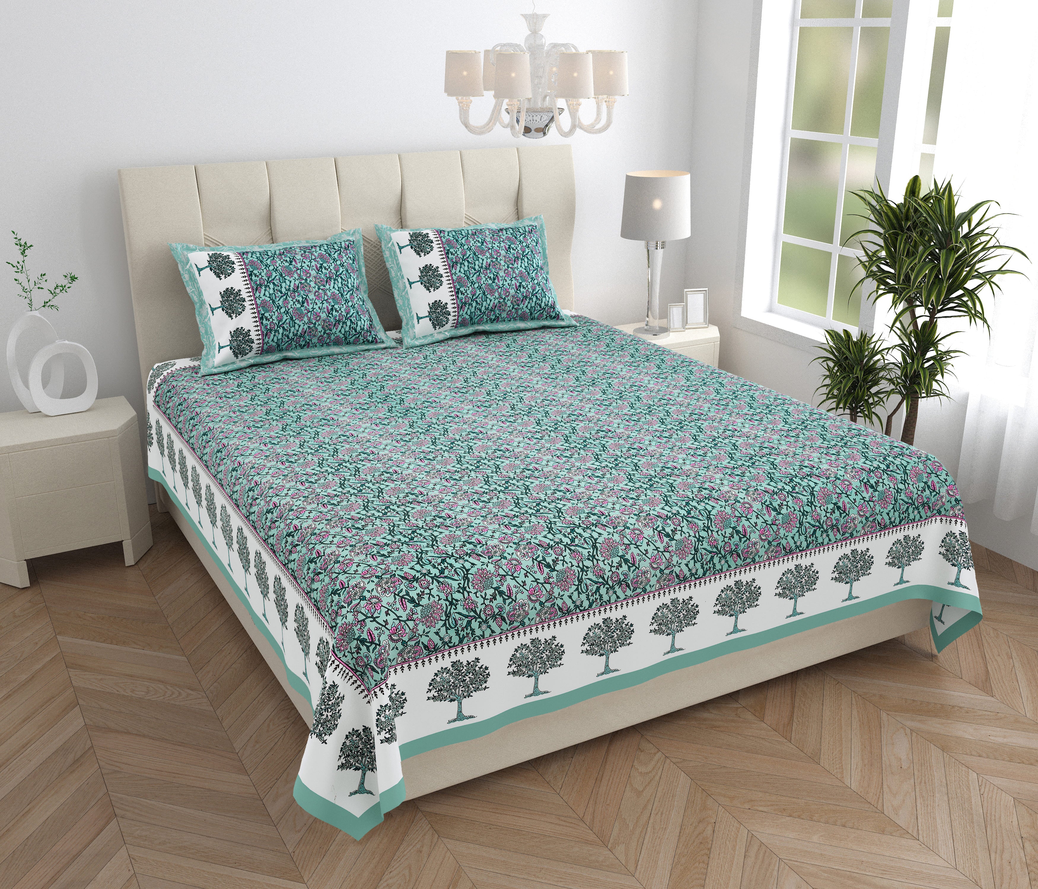 Traditional Floral Buta Design Double Bedsheet 95x108 – Parkota Collection with Pillow Covers